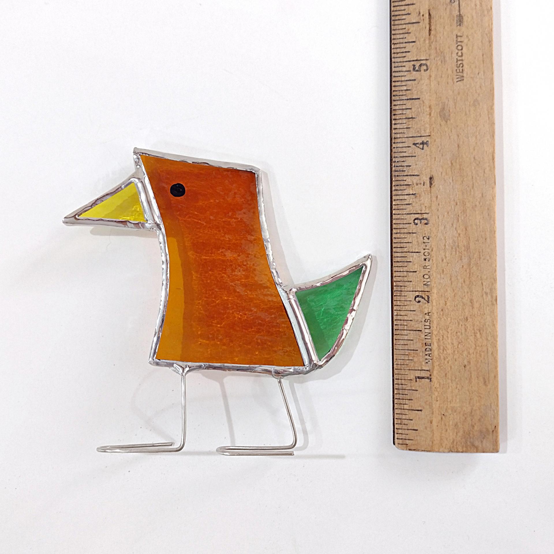 Stained Glass Standing Bird, Funky Amber Orange and Green Glass Bird Suncatcher, Bird Lover Gift, Windowsill Sitter