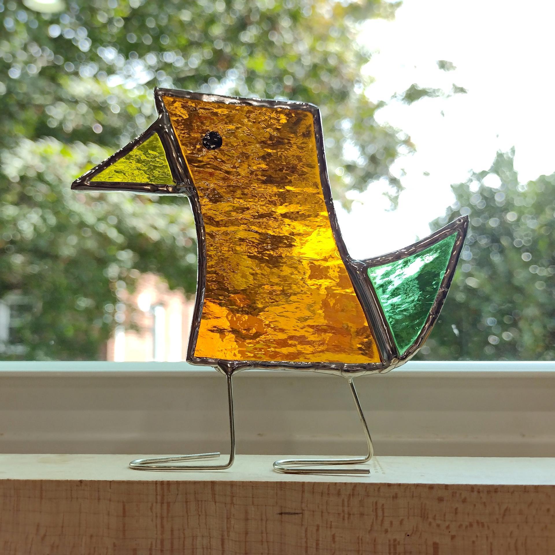 Stained Glass Standing Bird, Funky Amber Orange and Green Glass Bird Suncatcher, Bird Lover Gift, Windowsill Sitter