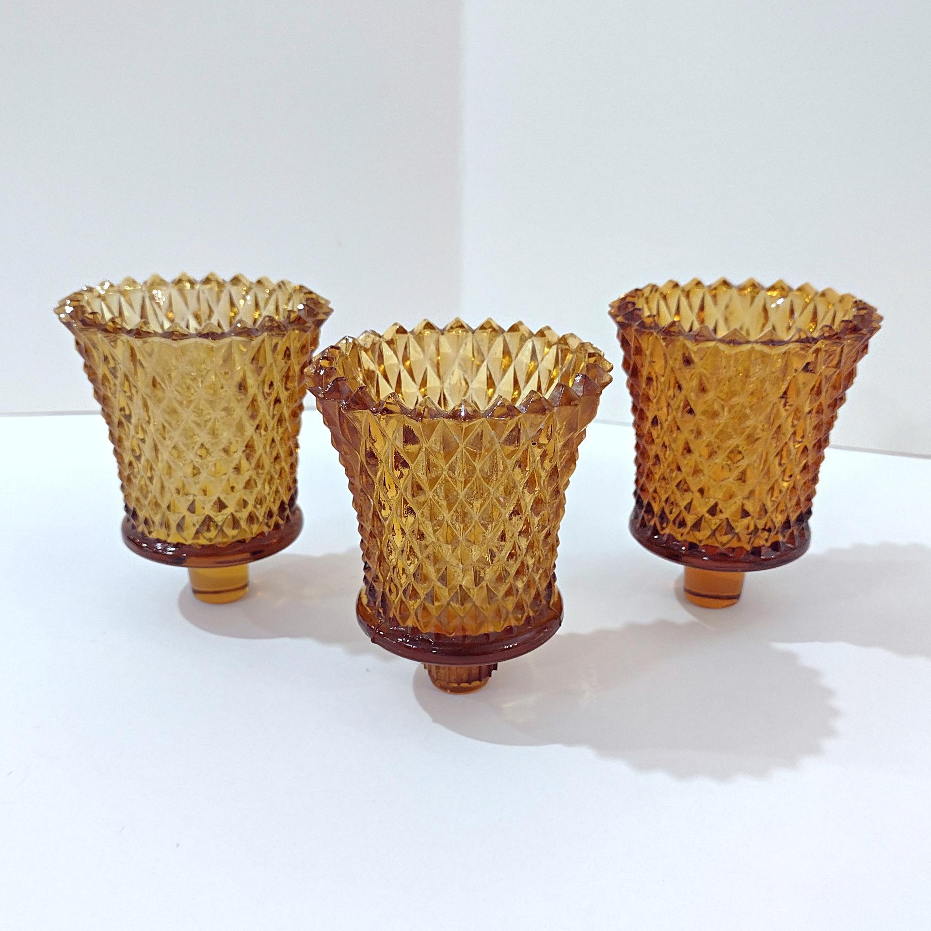 Vintage Homeco Amber Diamond Cut Votive Cup Sconce Candle Holder, Home Interiors Glass Pegged Votive Cup