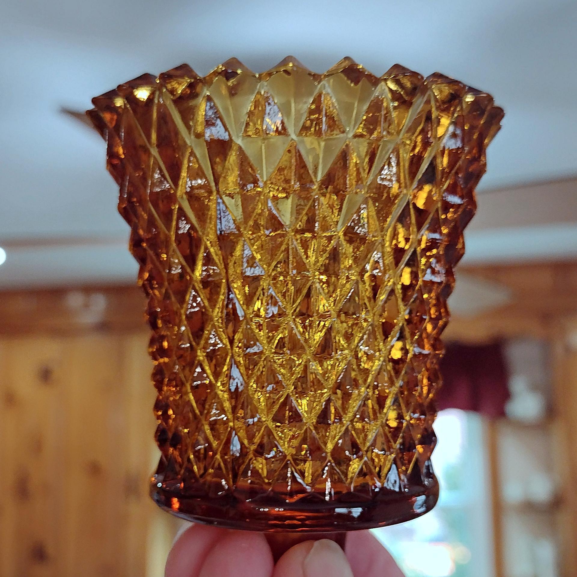 Vintage Homeco Amber Diamond Cut Votive Cup Sconce Candle Holder, Home Interiors Glass Pegged Votive Cup