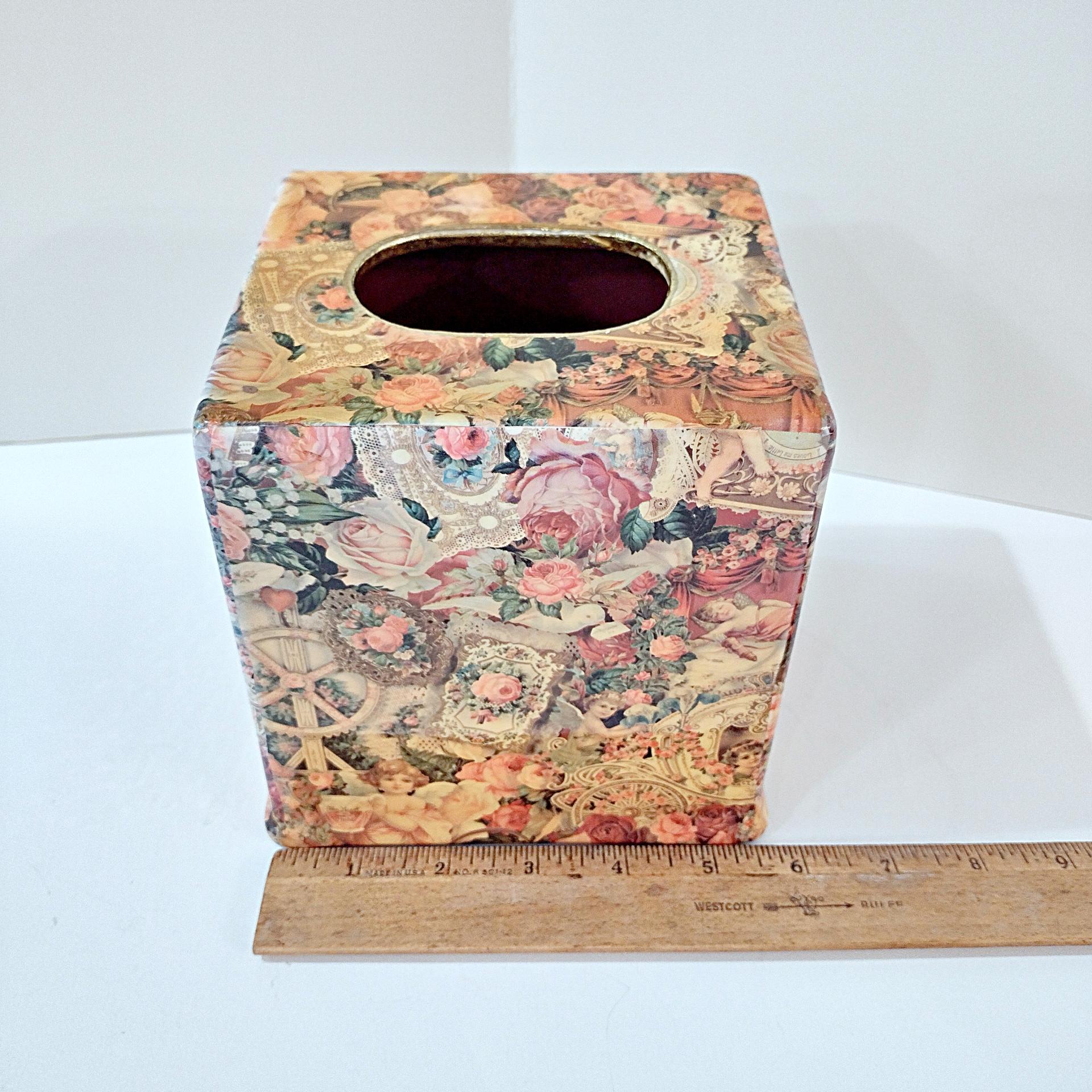 Vintage Square Tissue Box Cover Holder with Victorian Angels, Cherubs, Roses and Lace Design