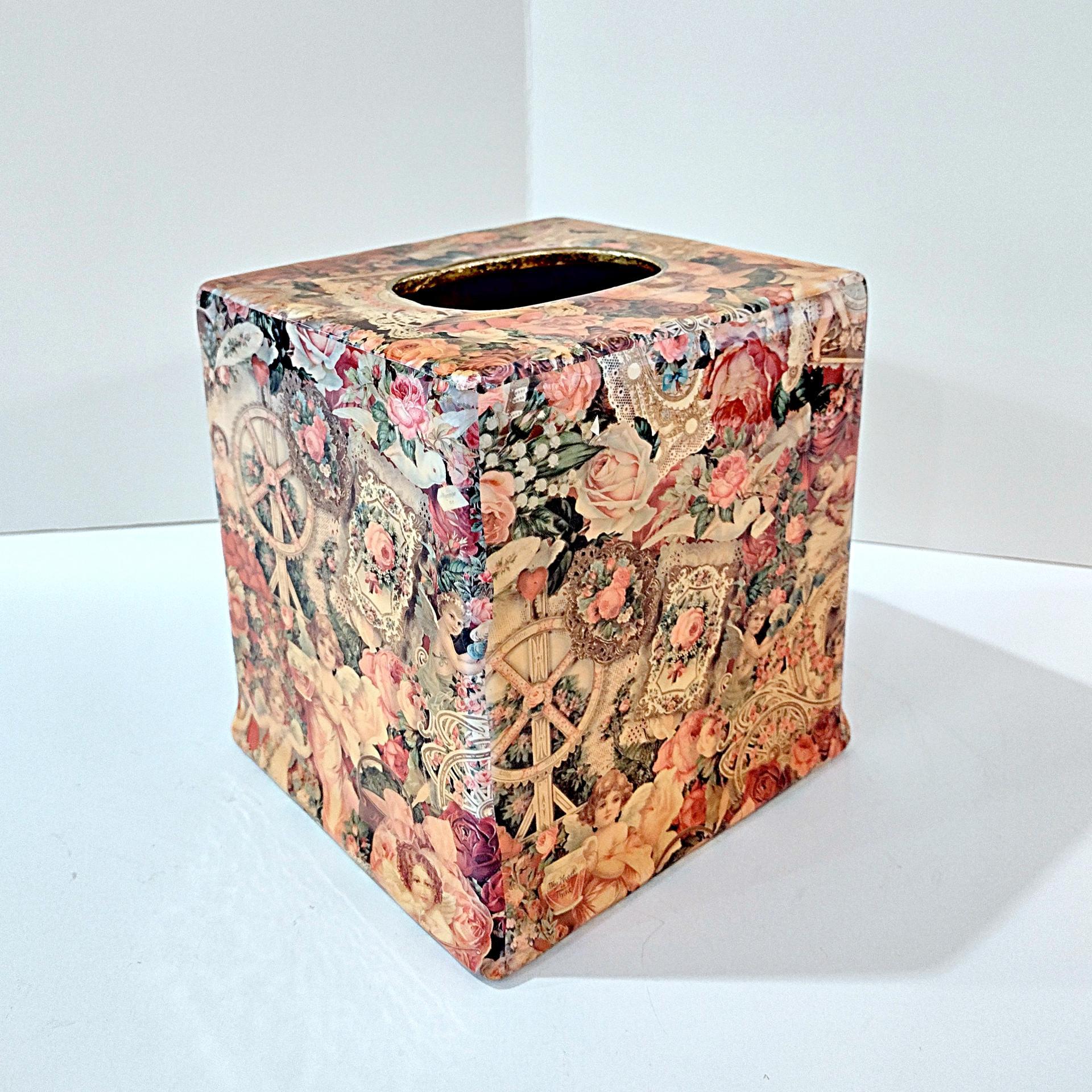 Vintage Square Tissue Box Cover Holder with Victorian Angels, Cherubs, Roses and Lace Design