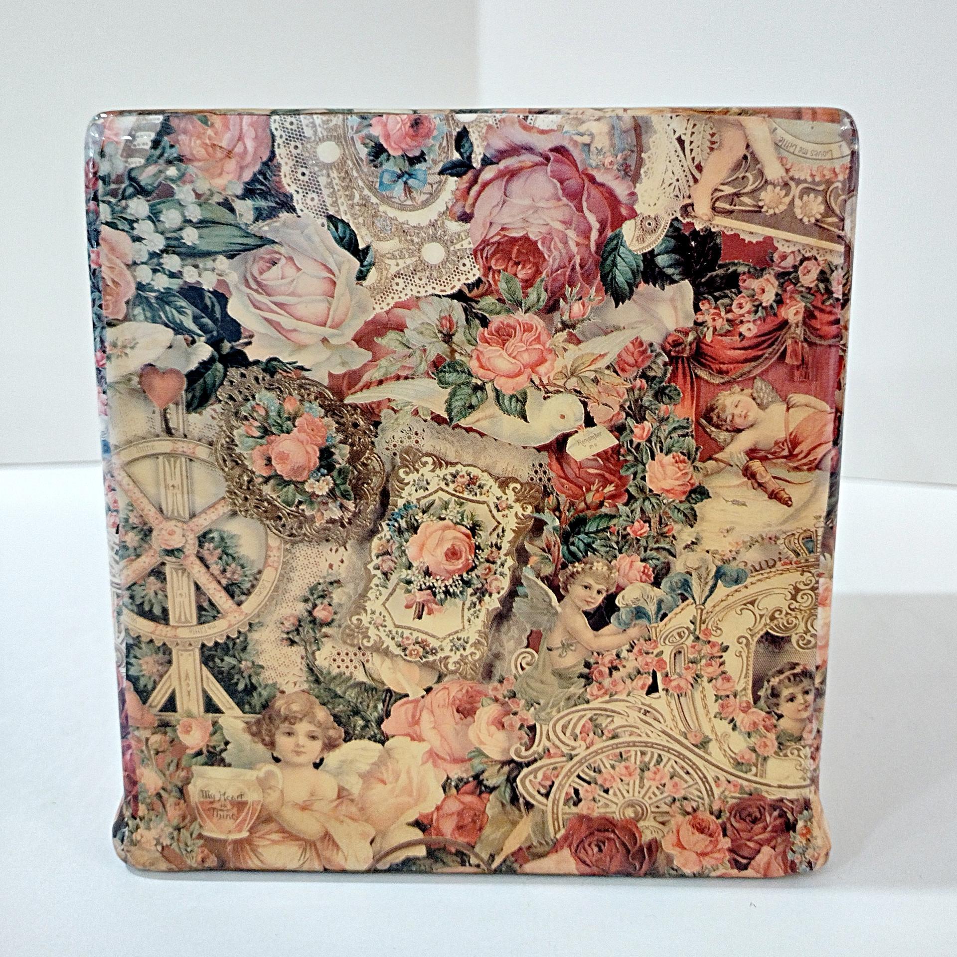 Vintage Square Tissue Box Cover Holder with Victorian Angels, Cherubs, Roses and Lace Design