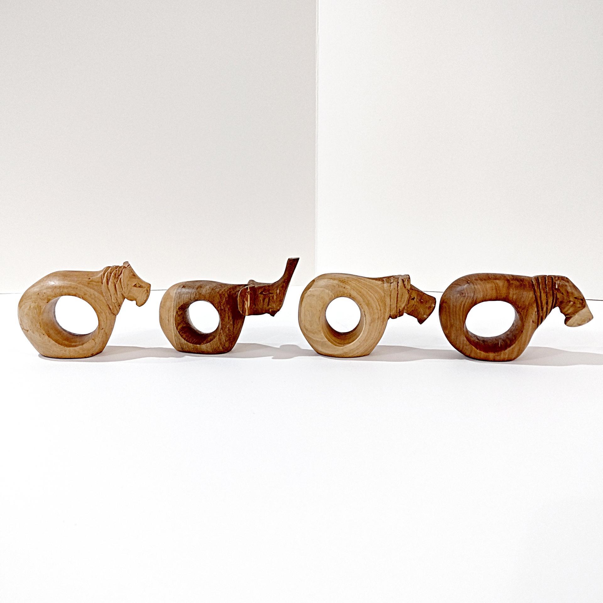 Vintage Carved Wooden Safari Animal Napkin Rings, Set of Four, Elephant Hippo Lion Tiger