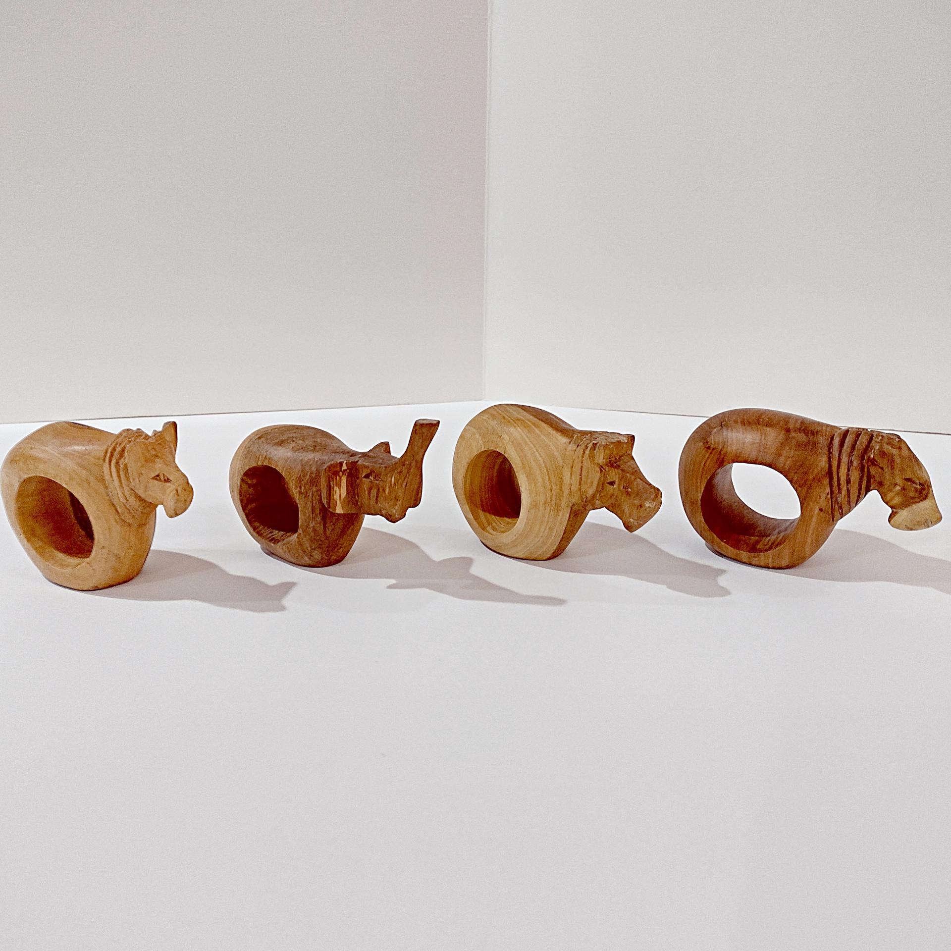 Vintage Carved Wooden Safari Animal Napkin Rings, Set of Four, Elephant Hippo Lion Tiger