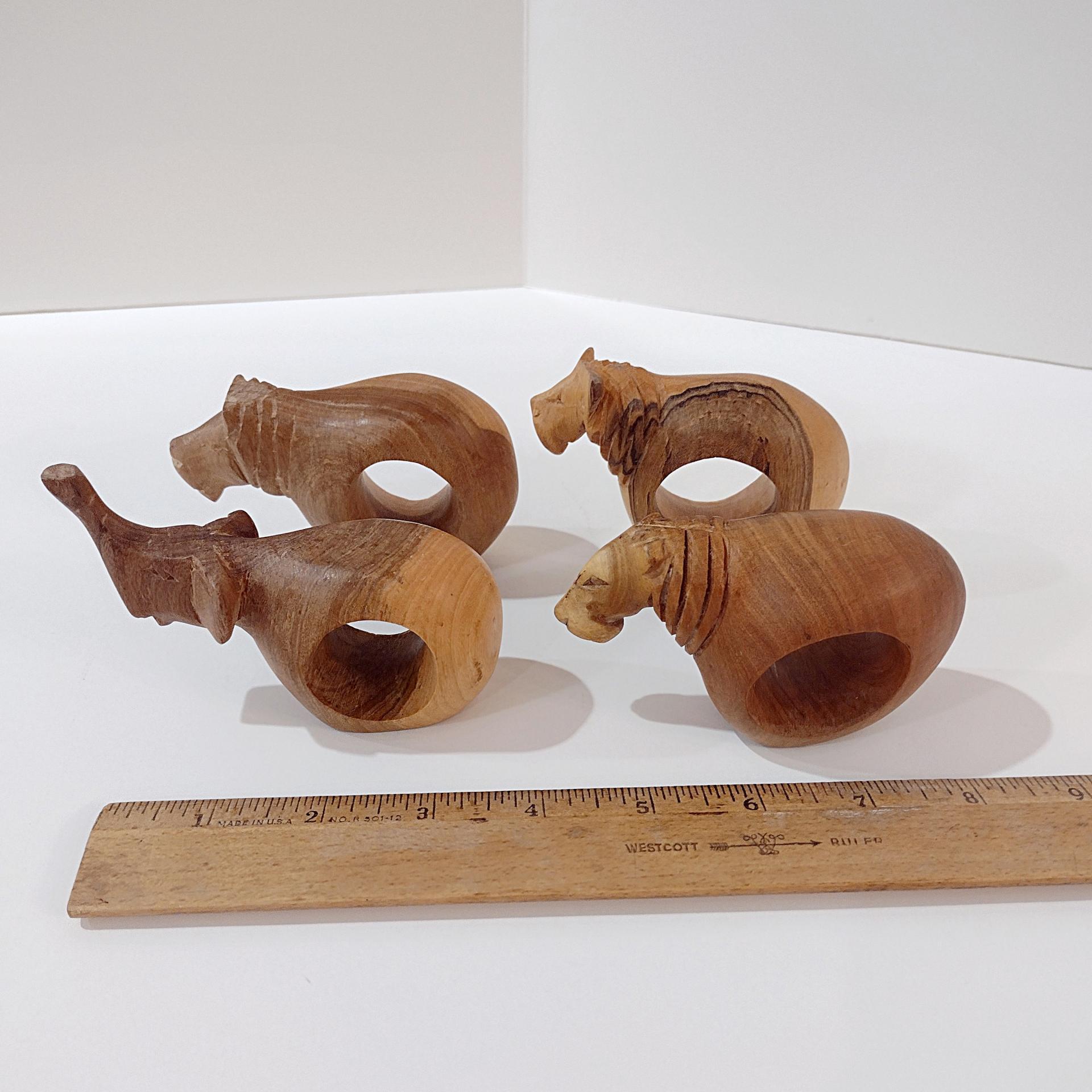 Vintage Carved Wooden Safari Animal Napkin Rings, Set of Four, Elephant Hippo Lion Tiger