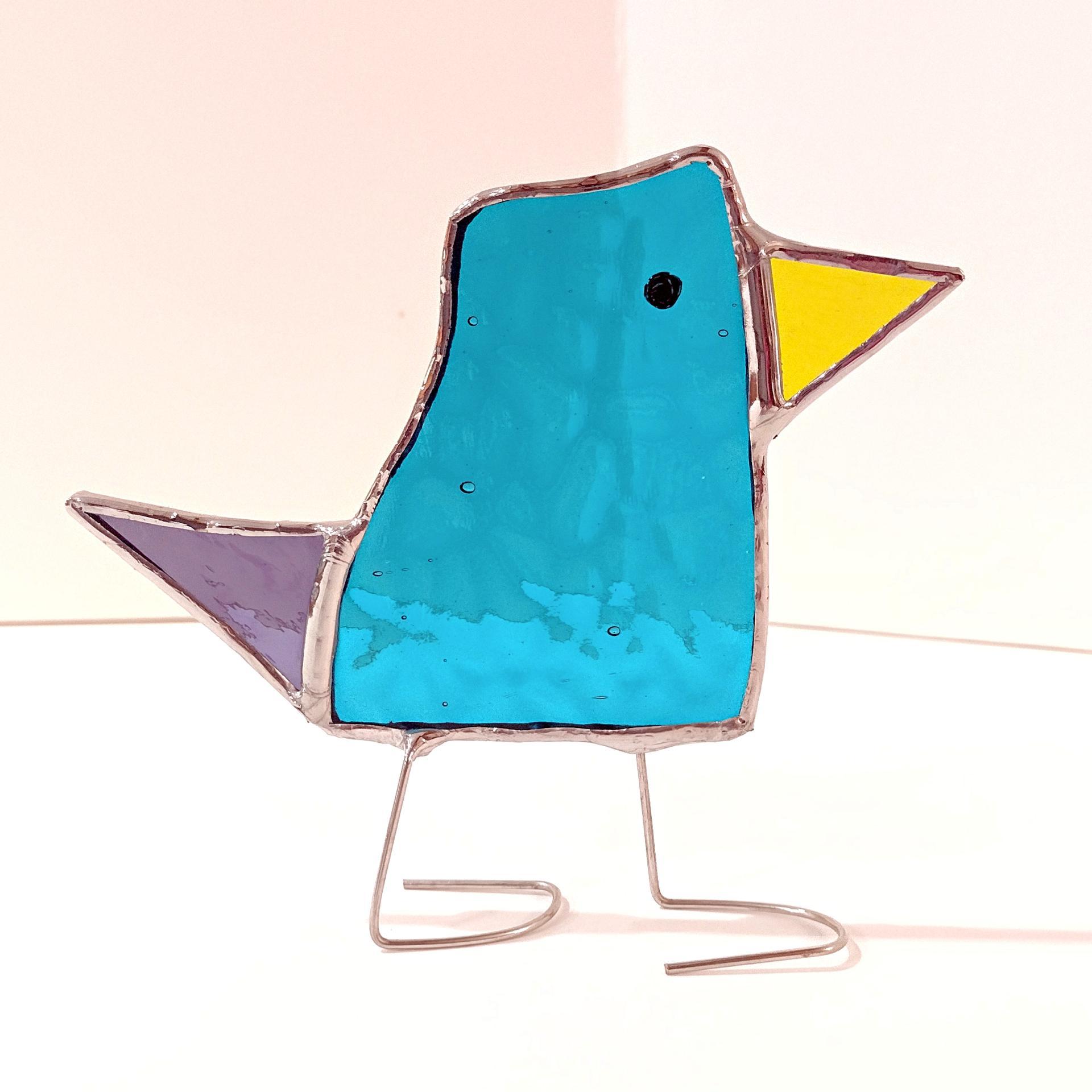 Stained Glass Standing Bird, Funky Blue and Purple Glass Bird Suncatcher, Bird Lover Gift, Windowsill Sitter