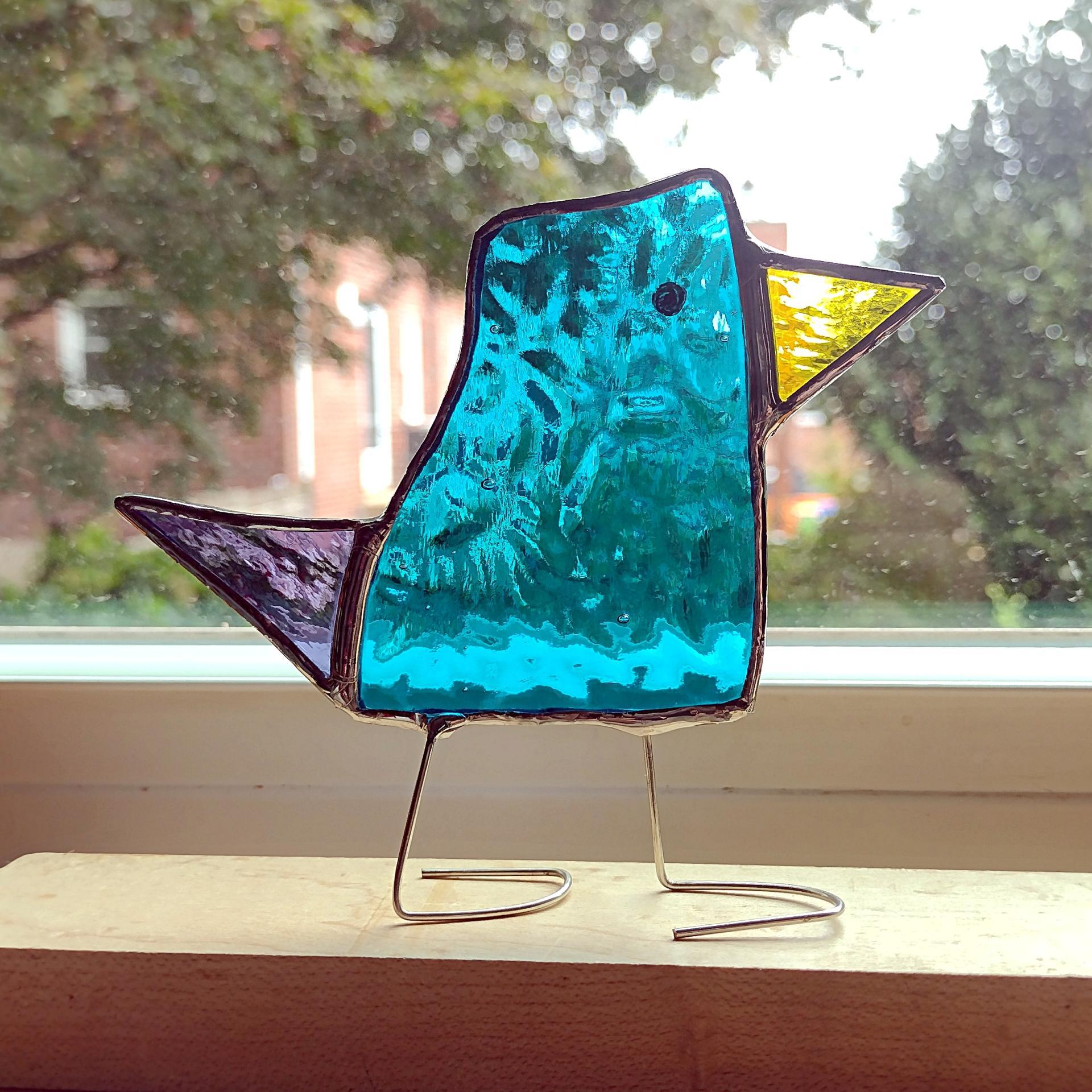 Stained Glass Standing Bird, Funky Blue and Purple Glass Bird Suncatcher, Bird Lover Gift, Windowsill Sitter
