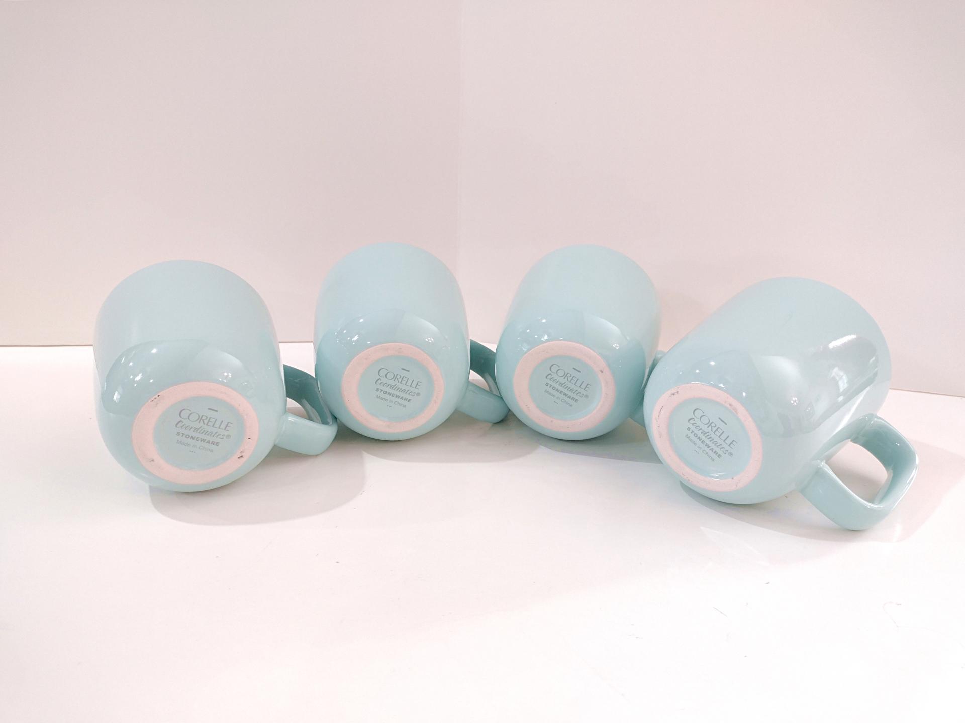 Vintage Corelle Coordinates Aqua Blue Ceramic Stoneware Coffee Tea Mugs, Set of Four