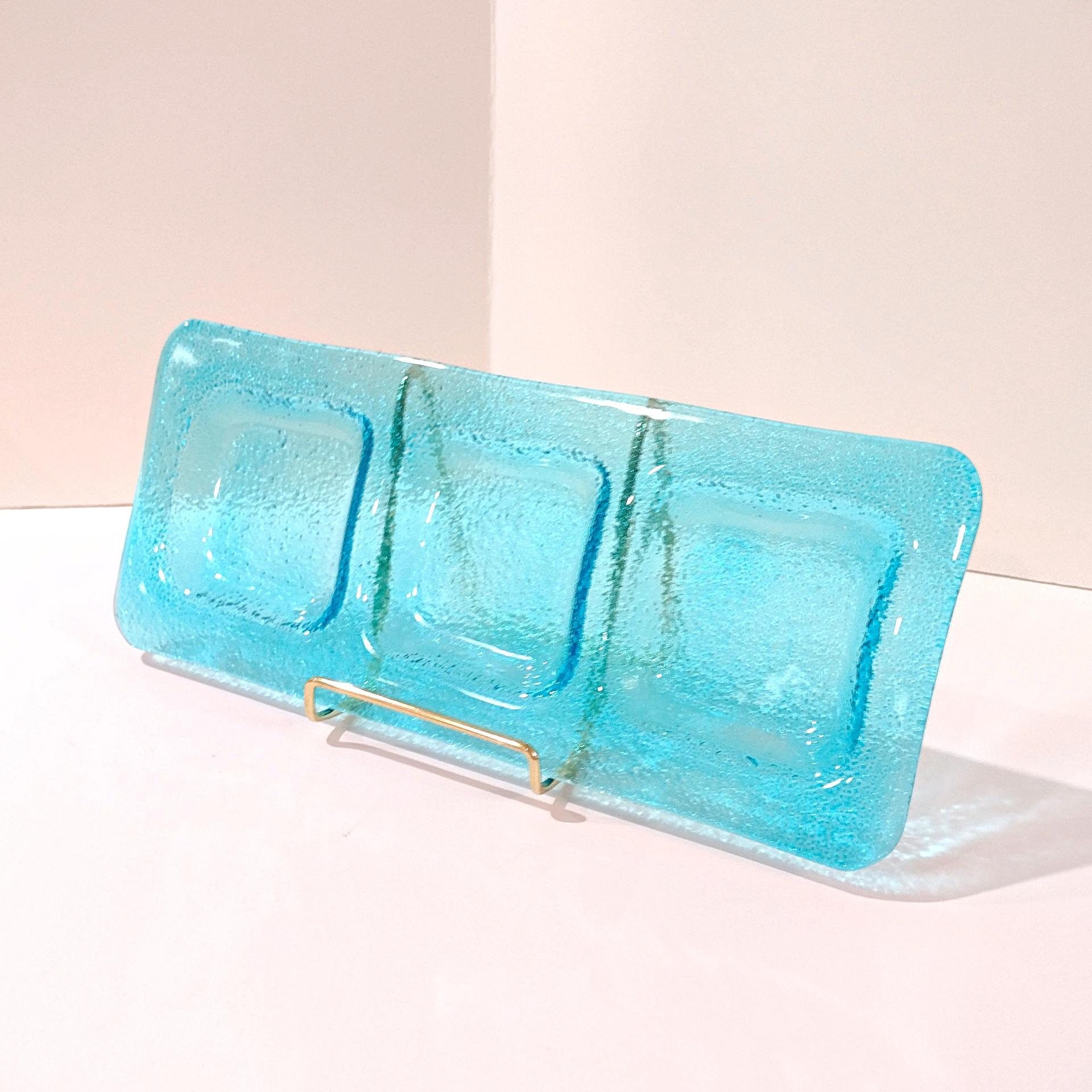 Vintage Aqua Blue Glass Three Sectioned Sauce Dish, Sushi Sauce Tray, Votive Candle Holder Tray, Potted Plant Under Dish