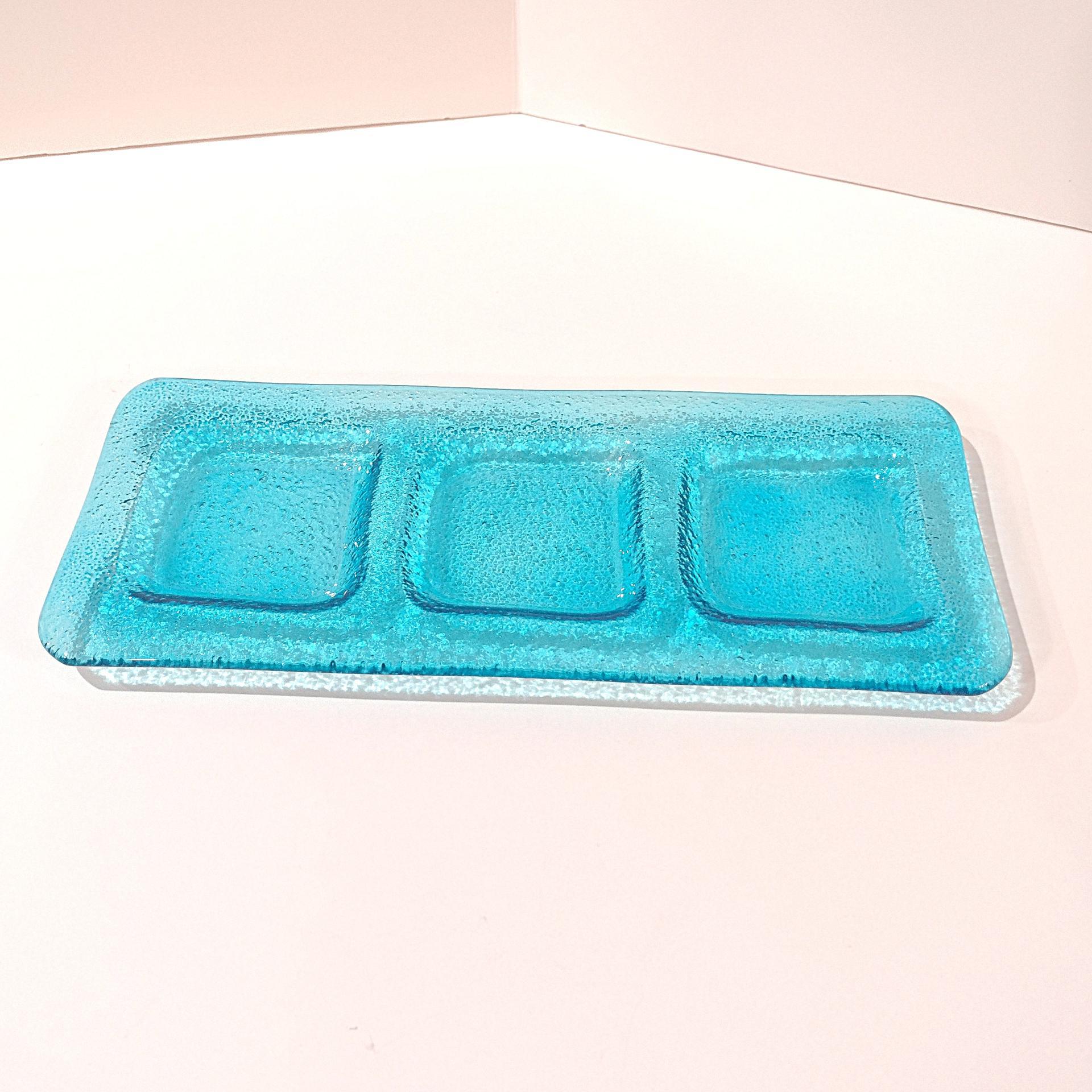 Vintage Aqua Blue Glass Three Sectioned Sauce Dish, Sushi Sauce Tray, Votive Candle Holder Tray, Potted Plant Under Dish
