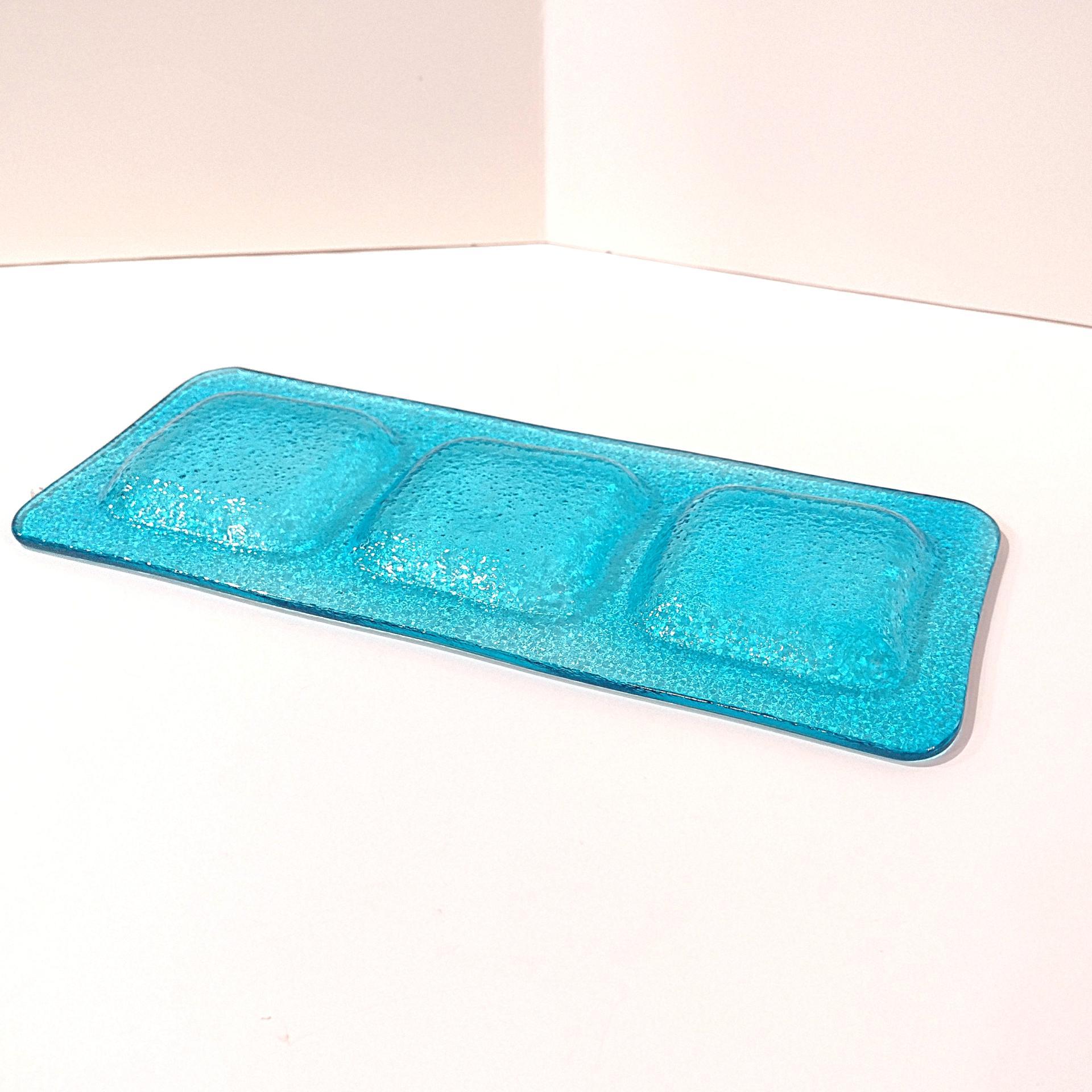 Vintage Aqua Blue Glass Three Sectioned Sauce Dish, Sushi Sauce Tray, Votive Candle Holder Tray, Potted Plant Under Dish