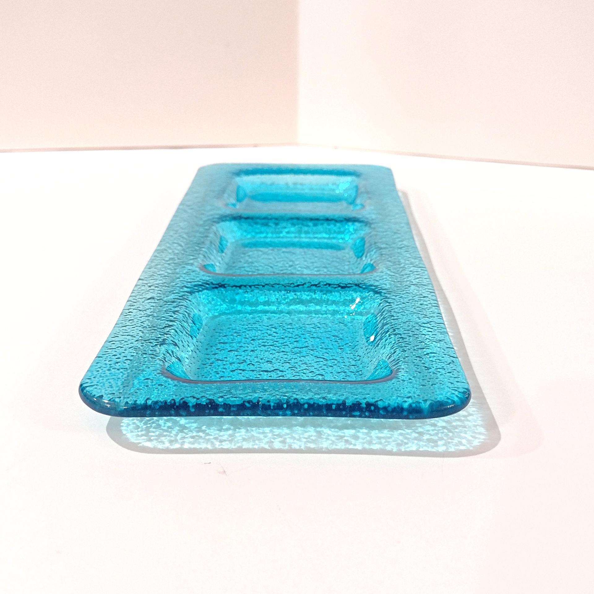 Vintage Aqua Blue Glass Three Sectioned Sauce Dish, Sushi Sauce Tray, Votive Candle Holder Tray, Potted Plant Under Dish