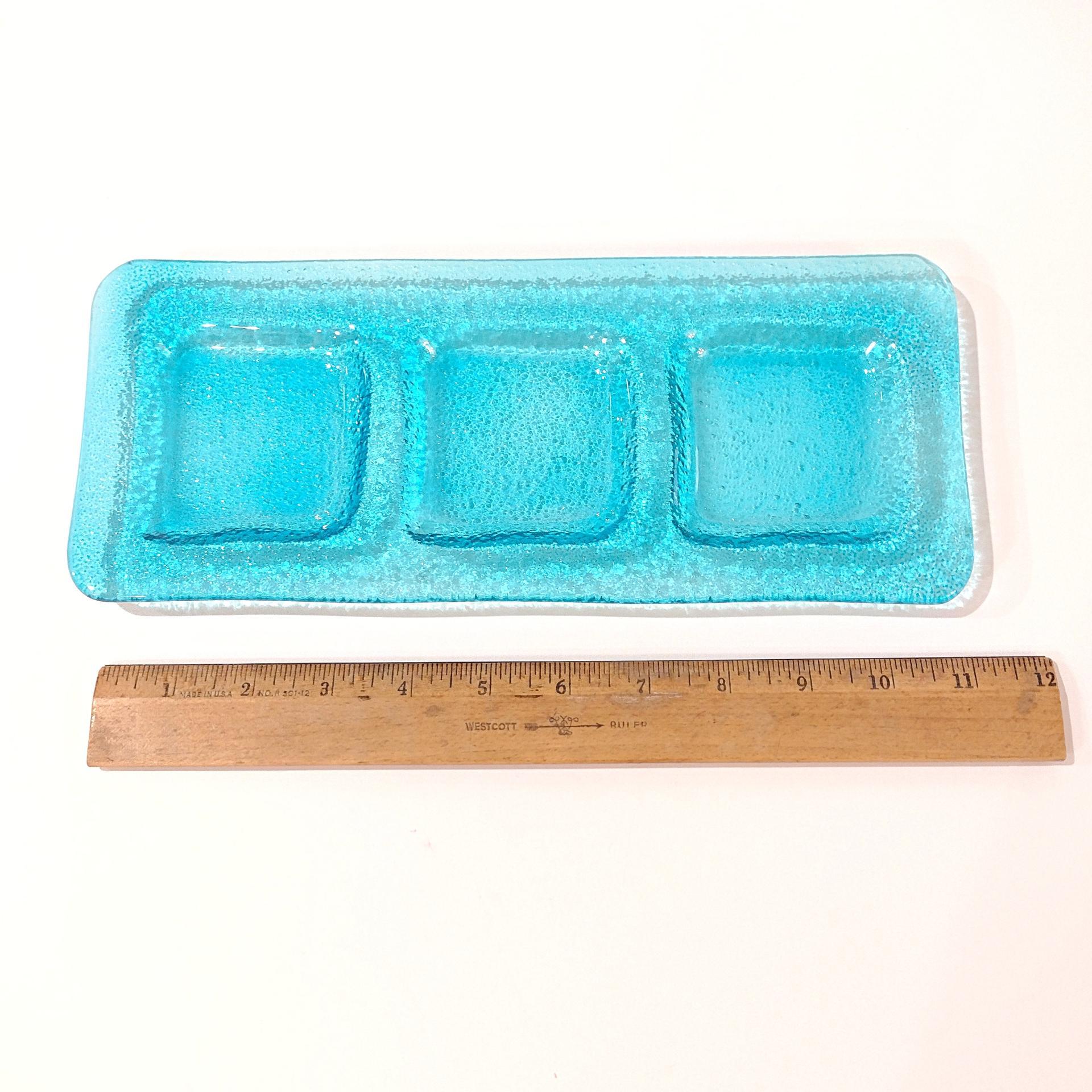 Vintage Aqua Blue Glass Three Sectioned Sauce Dish, Sushi Sauce Tray, Votive Candle Holder Tray, Potted Plant Under Dish