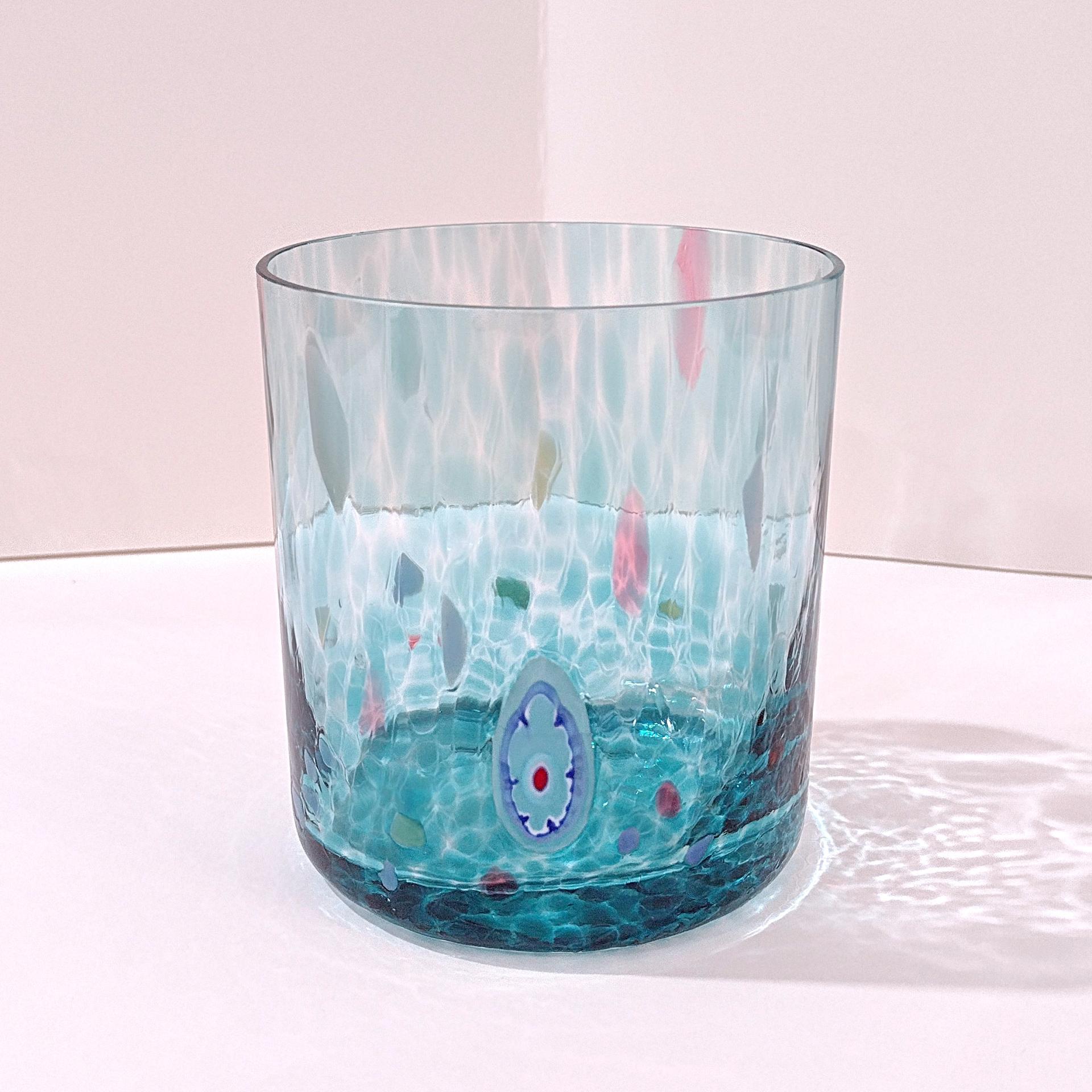 Vintage Handblown Aqua Blue Millefiori Double Old Fashioned Lowball Rocks Glass, Venetian Low Tumbler