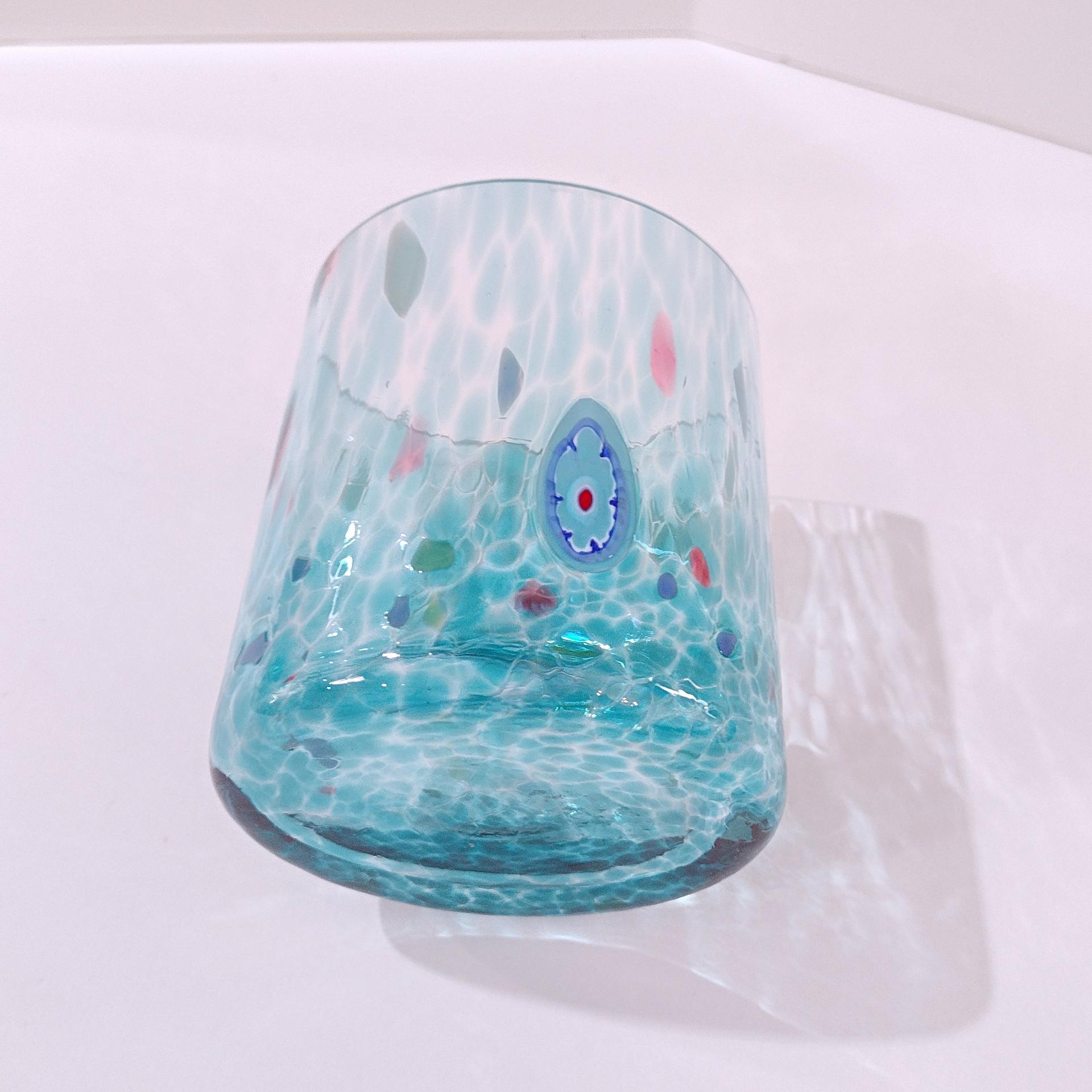 Vintage Handblown Aqua Blue Millefiori Double Old Fashioned Lowball Rocks Glass, Venetian Low Tumbler