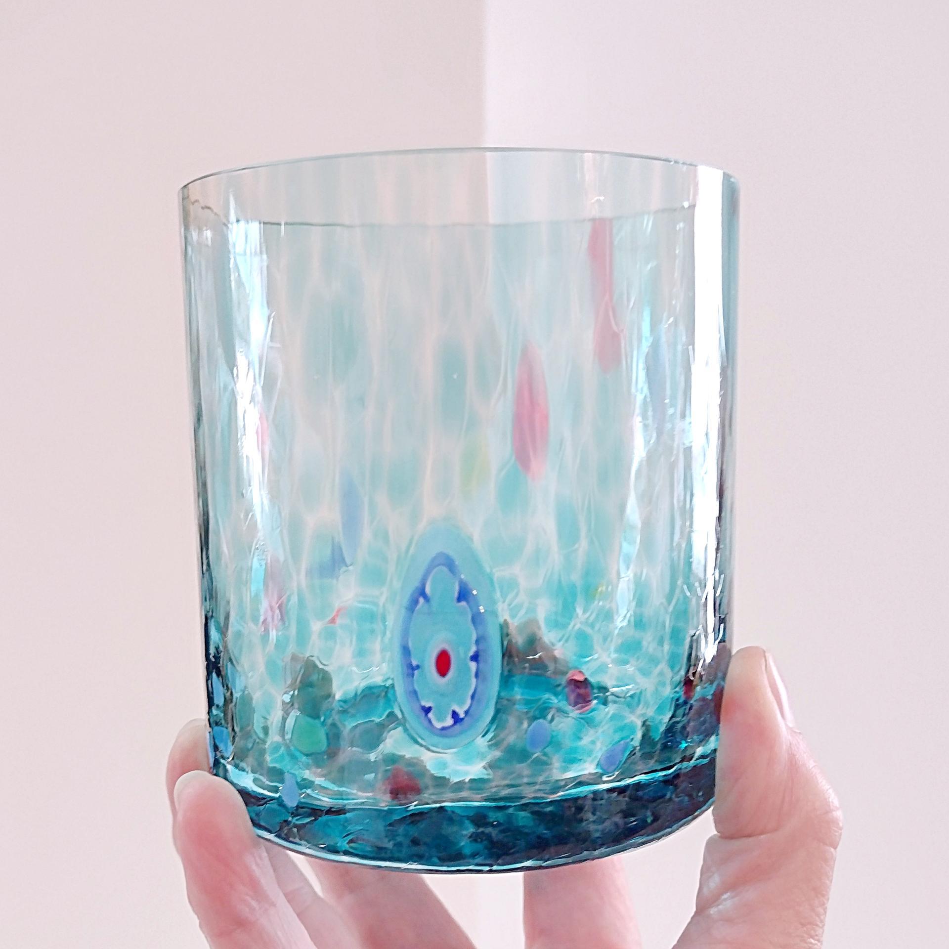 Vintage Handblown Aqua Blue Millefiori Double Old Fashioned Lowball Rocks Glass, Venetian Low Tumbler