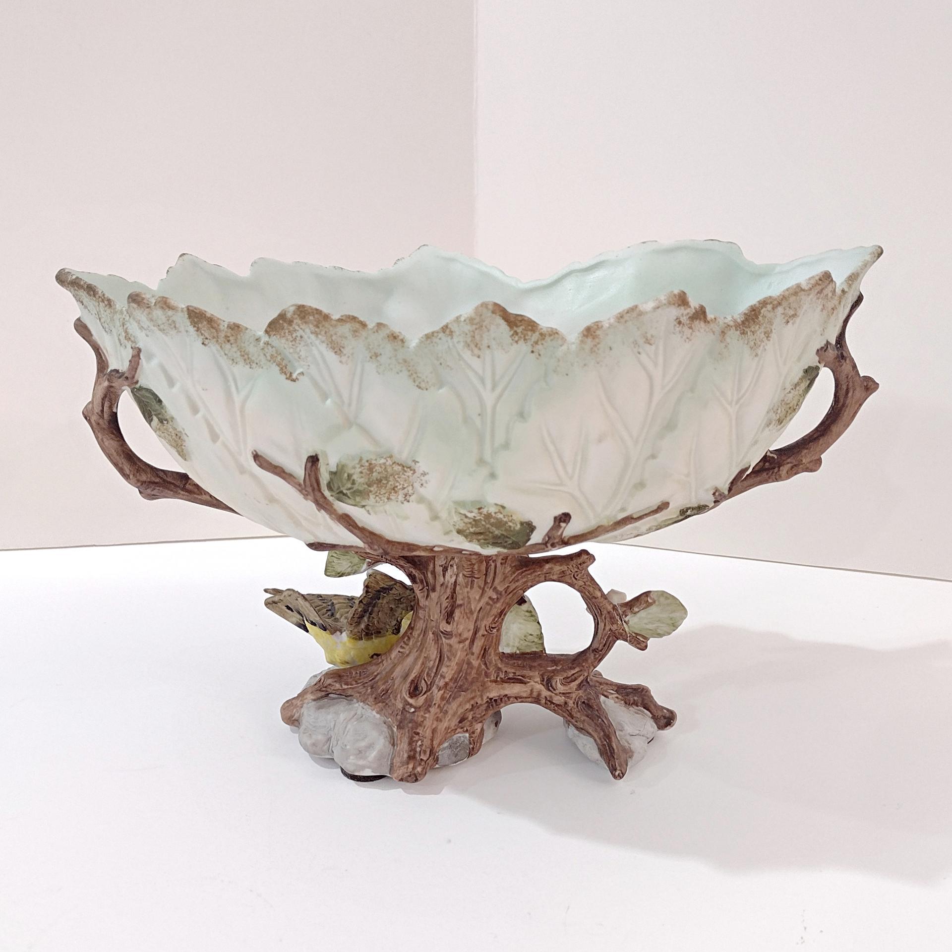 Vintage Ardalt Lenwile China Hand Painted Ceramic Bisque Planter Bowl with Birds, Pink Roses, and Tree Theme