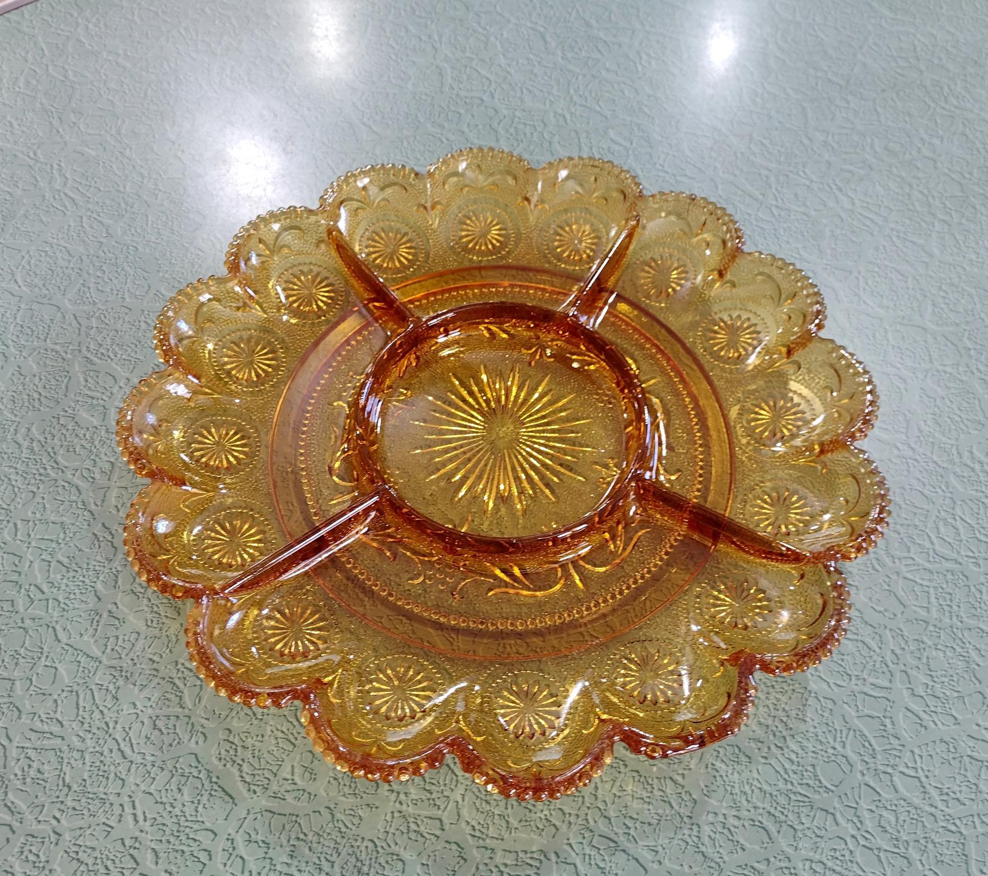 Vintage Indiana Glass Brockway American Concord Amber Relish Dish, 5 Part Divided Glass Relish Tray