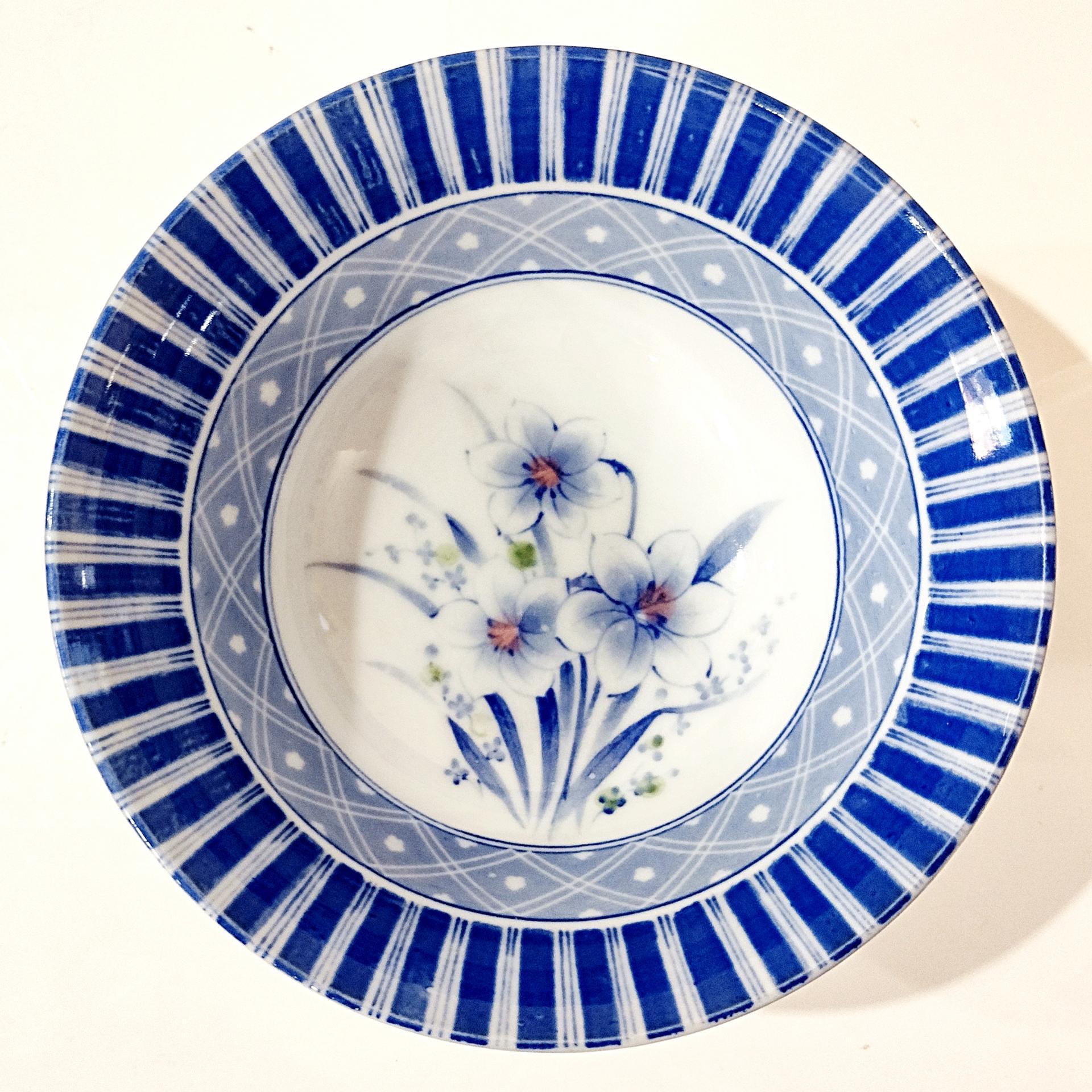 Vintage Blue and White Floral Japanese Porcelain Rice Noodle Bowl