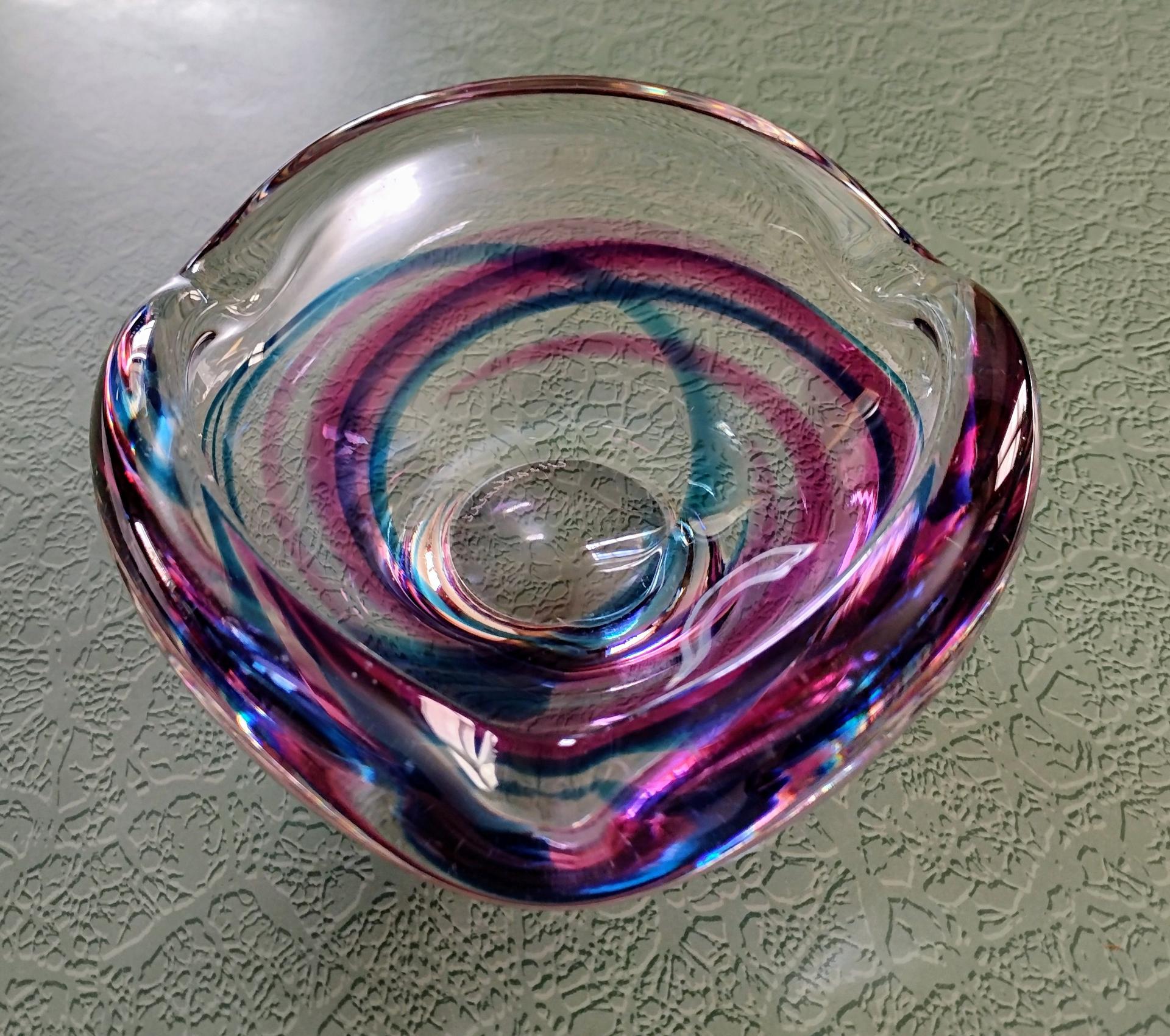 Vintage Signed Maastricht Blown Glass Ash Tray, Blue and Pink Bowl, Midcentury Modern Art Glass