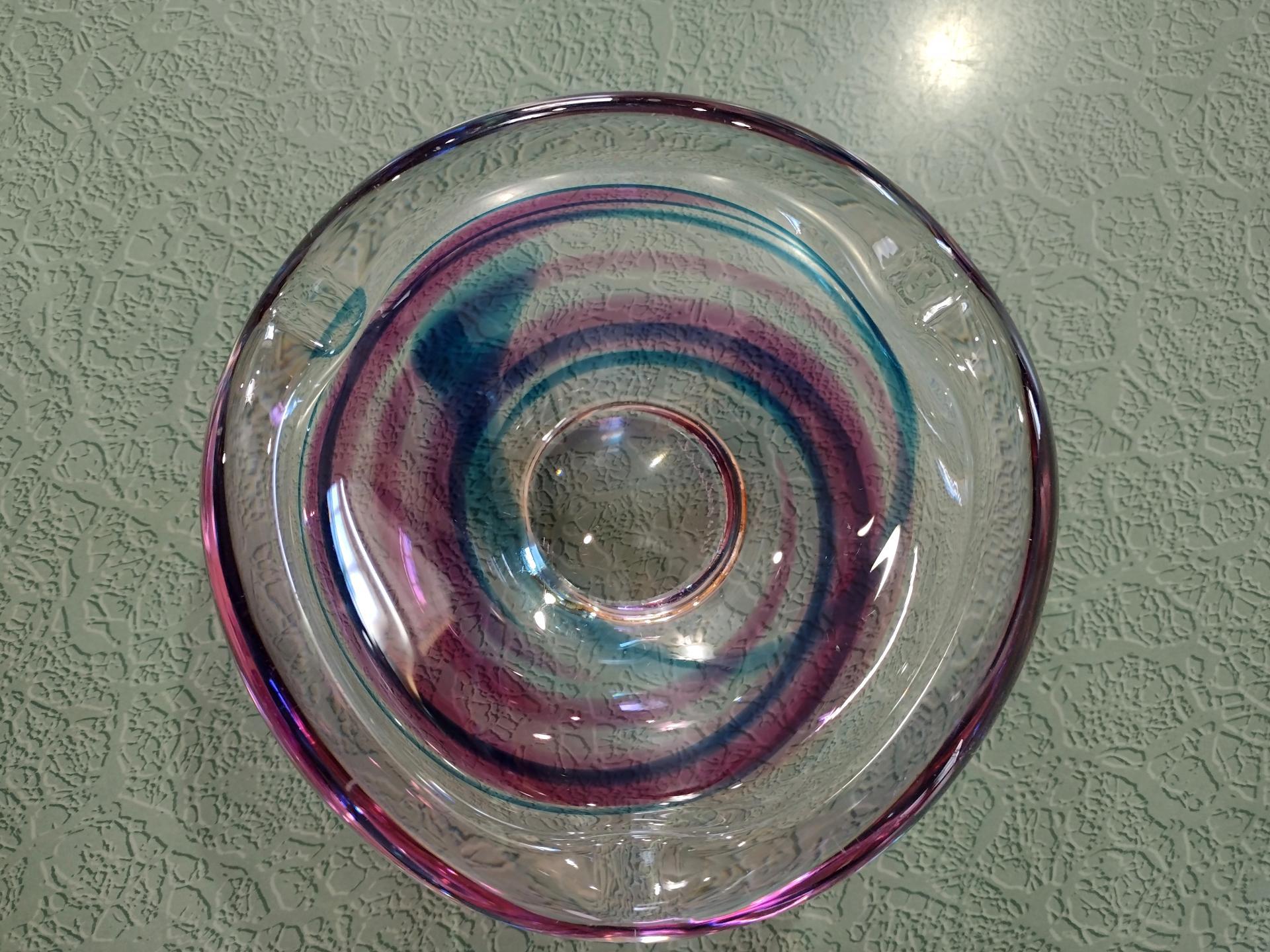 Vintage Signed Maastricht Blown Glass Ash Tray, Blue and Pink Bowl, Midcentury Modern Art Glass