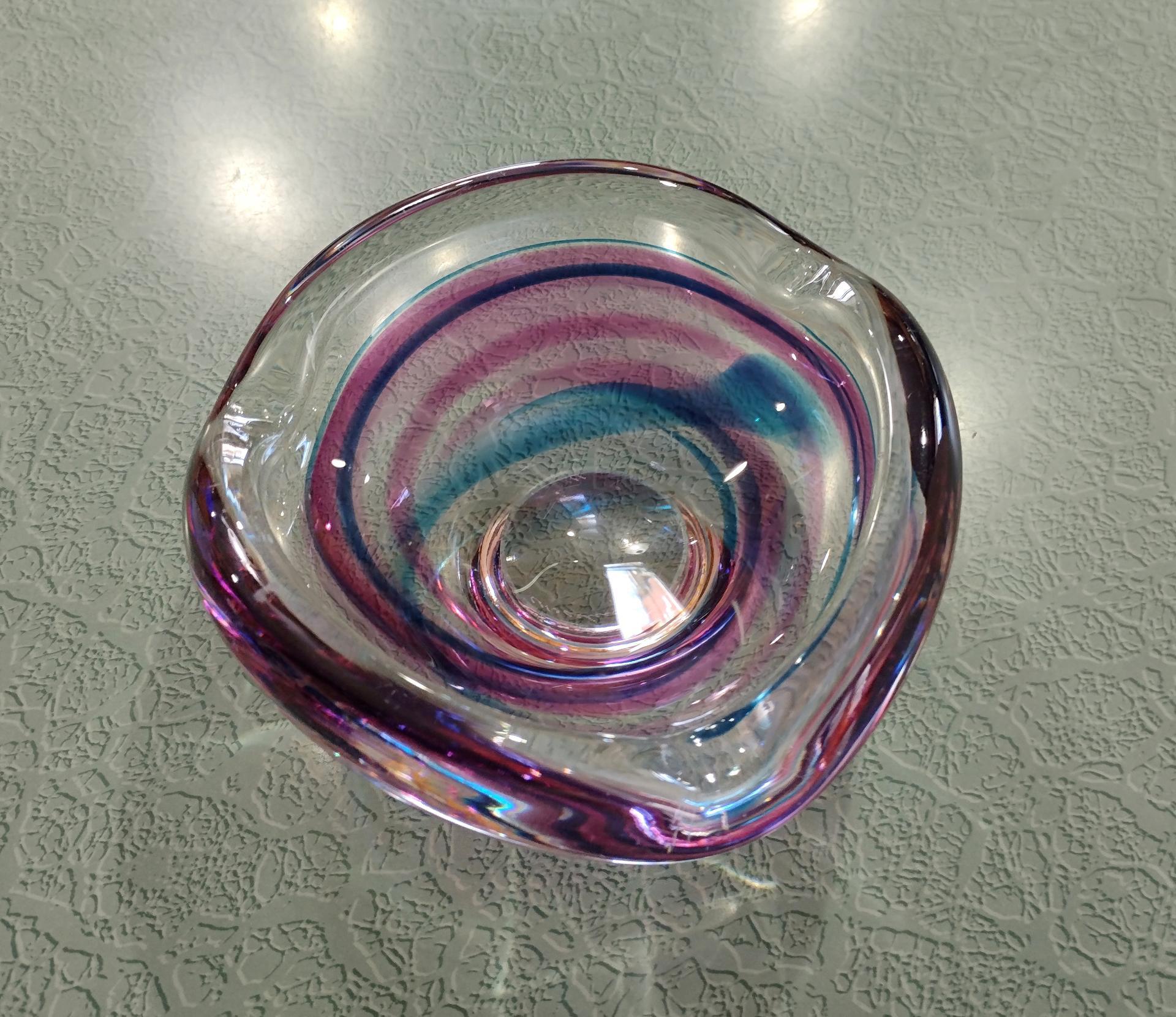 Vintage Signed Maastricht Blown Glass Ash Tray, Blue and Pink Bowl, Midcentury Modern Art Glass