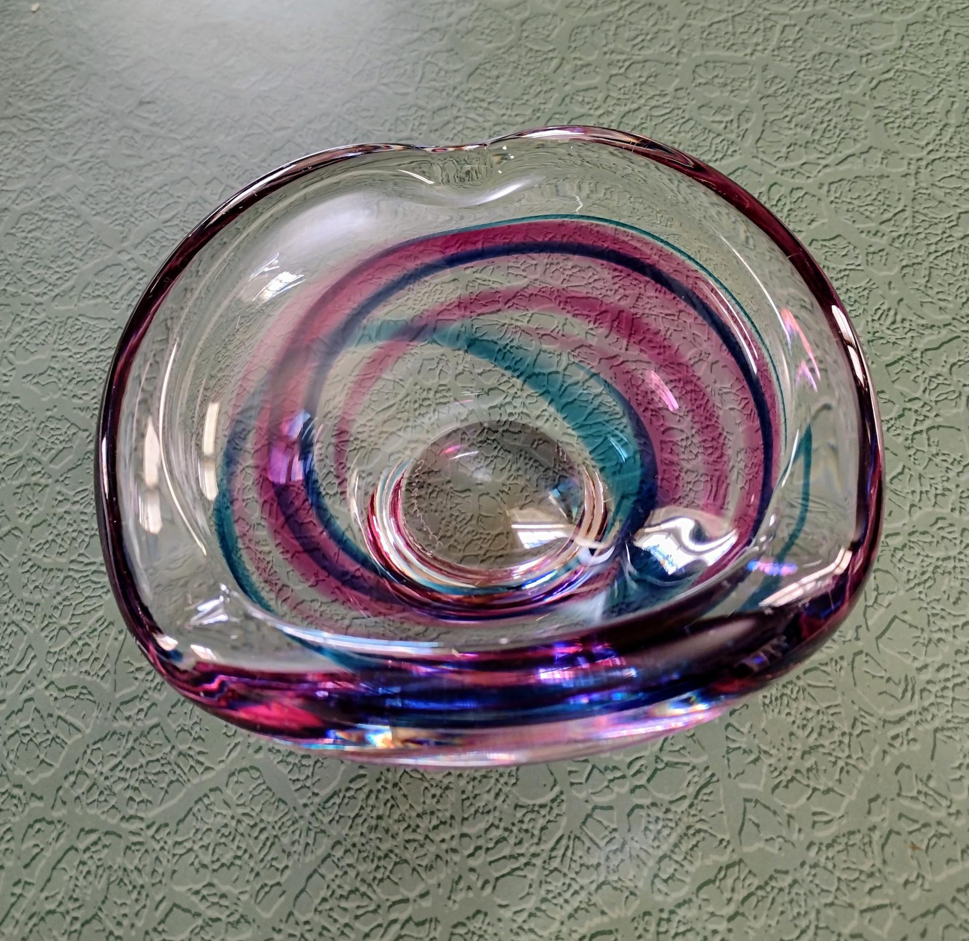 Vintage Signed Maastricht Blown Glass Ash Tray, Blue and Pink Bowl, Midcentury Modern Art Glass