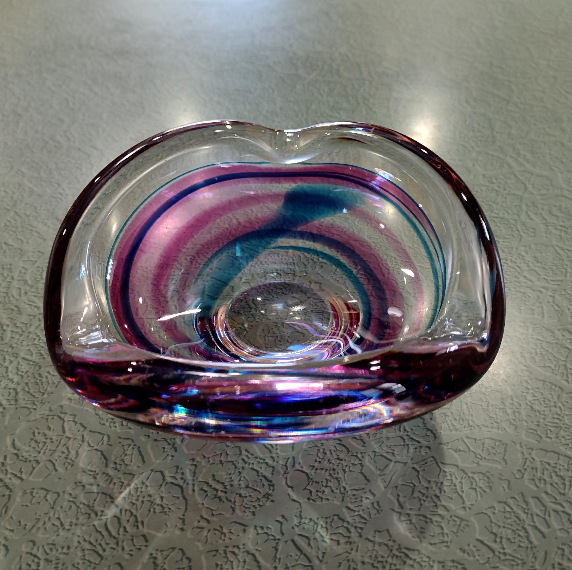 Vintage Signed Maastricht Blown Glass Ash Tray, Blue and Pink Bowl, Midcentury Modern Art Glass