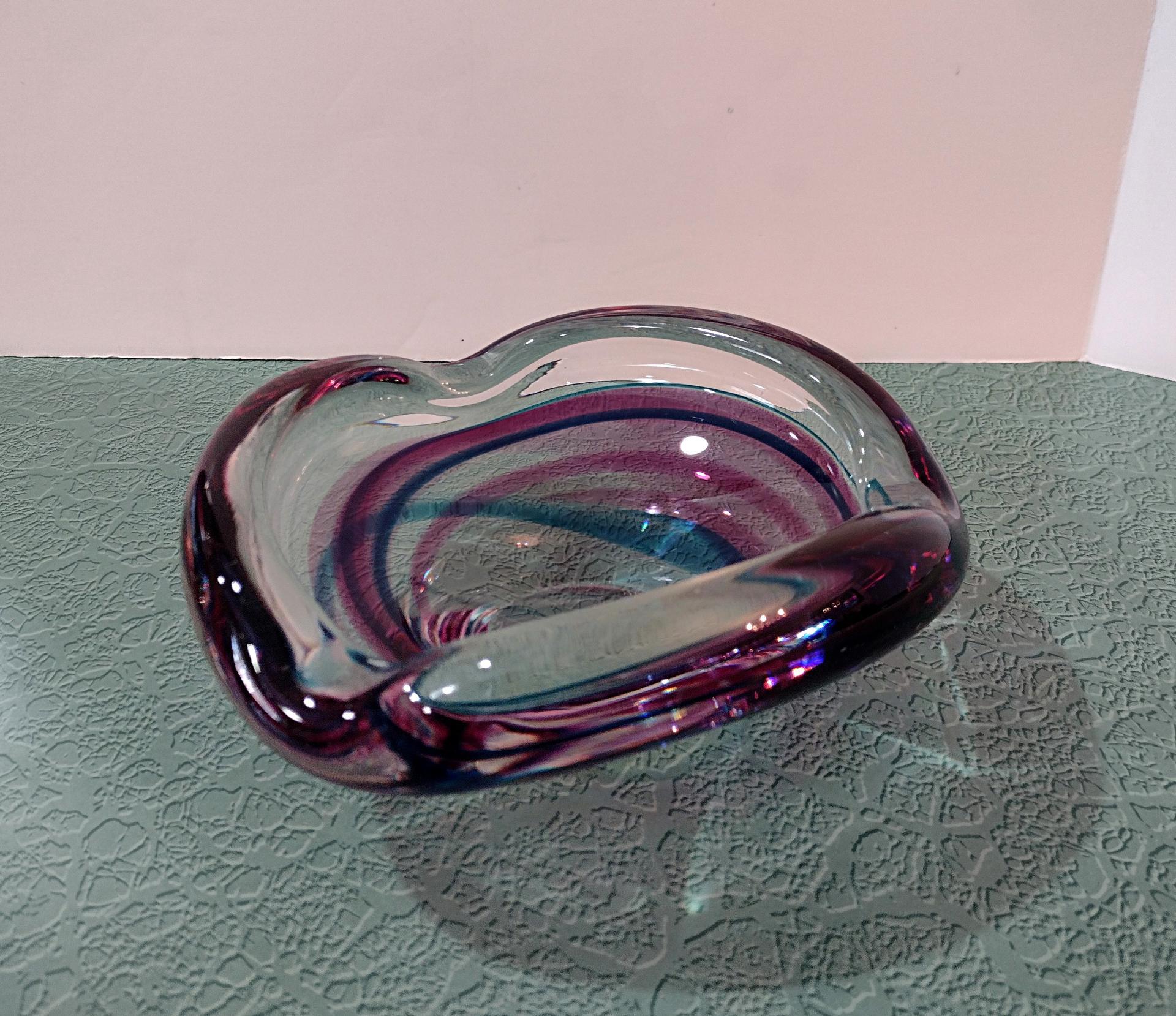 Vintage Signed Maastricht Blown Glass Ash Tray, Blue and Pink Bowl, Midcentury Modern Art Glass