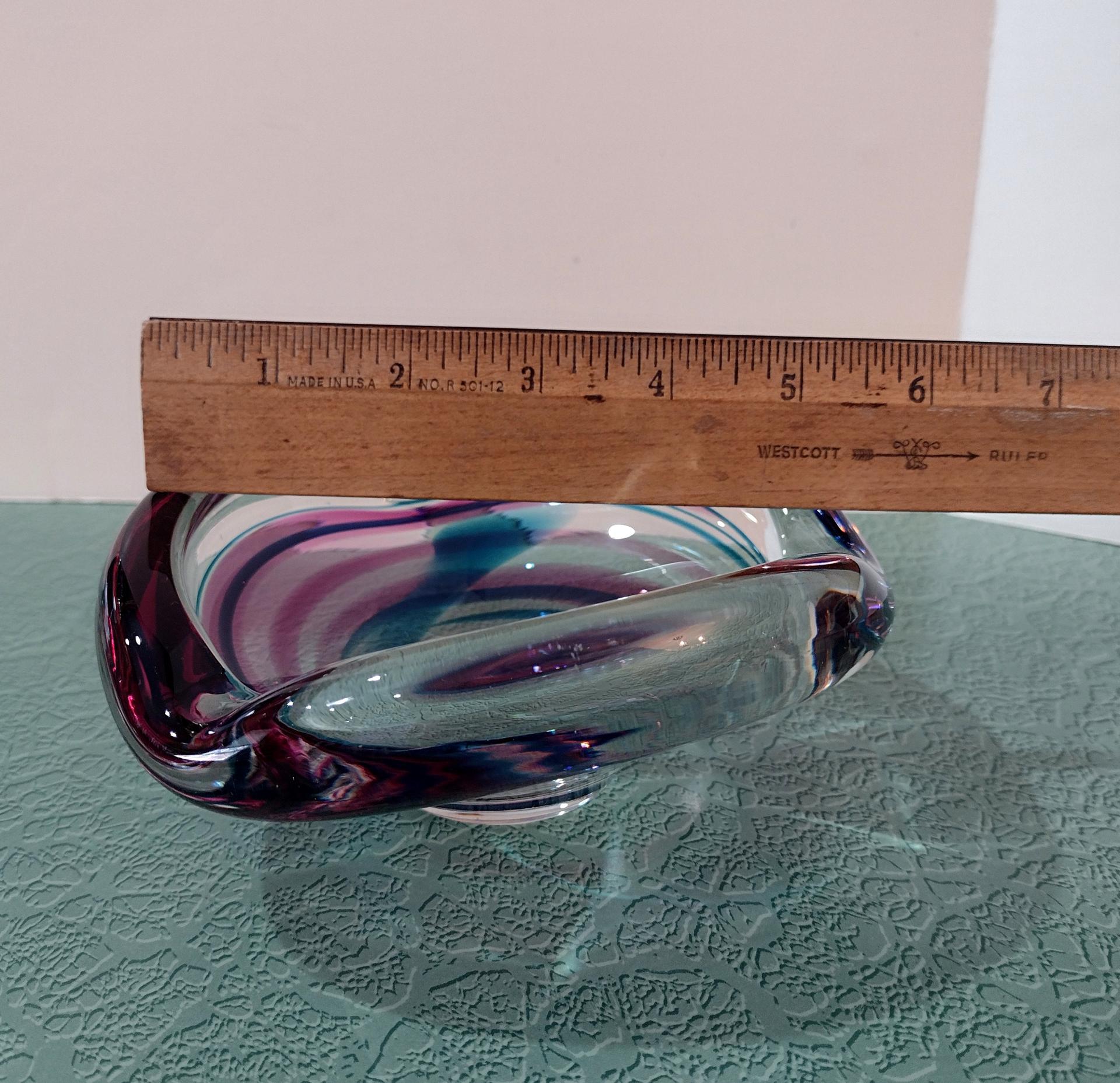 Vintage Signed Maastricht Blown Glass Ash Tray, Blue and Pink Bowl, Midcentury Modern Art Glass