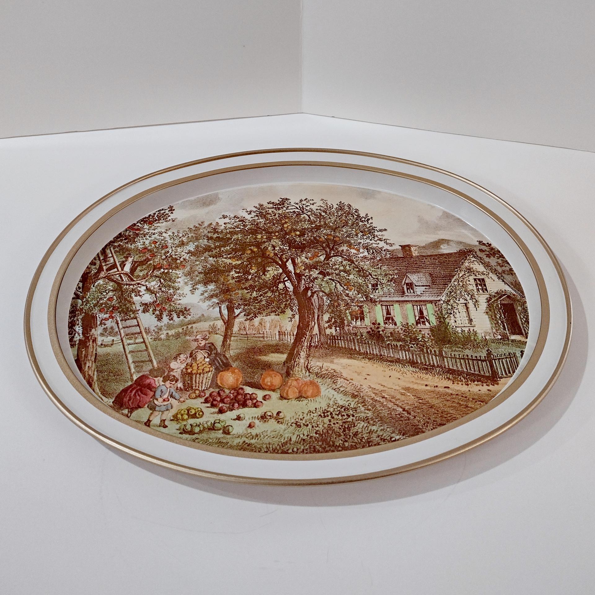 Vintage Currier and Ives American Homestead Autumn Oval Metal Serving Tray