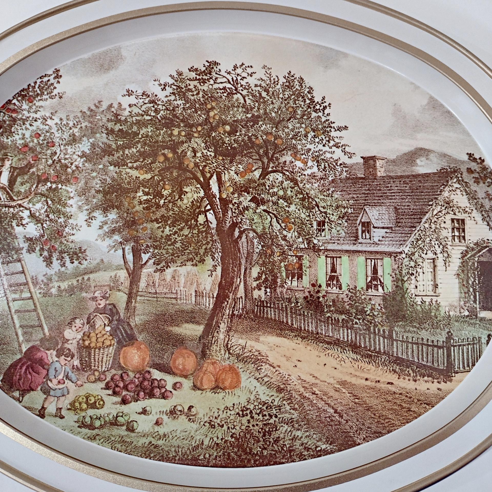 Vintage Currier and Ives American Homestead Autumn Oval Metal Serving Tray