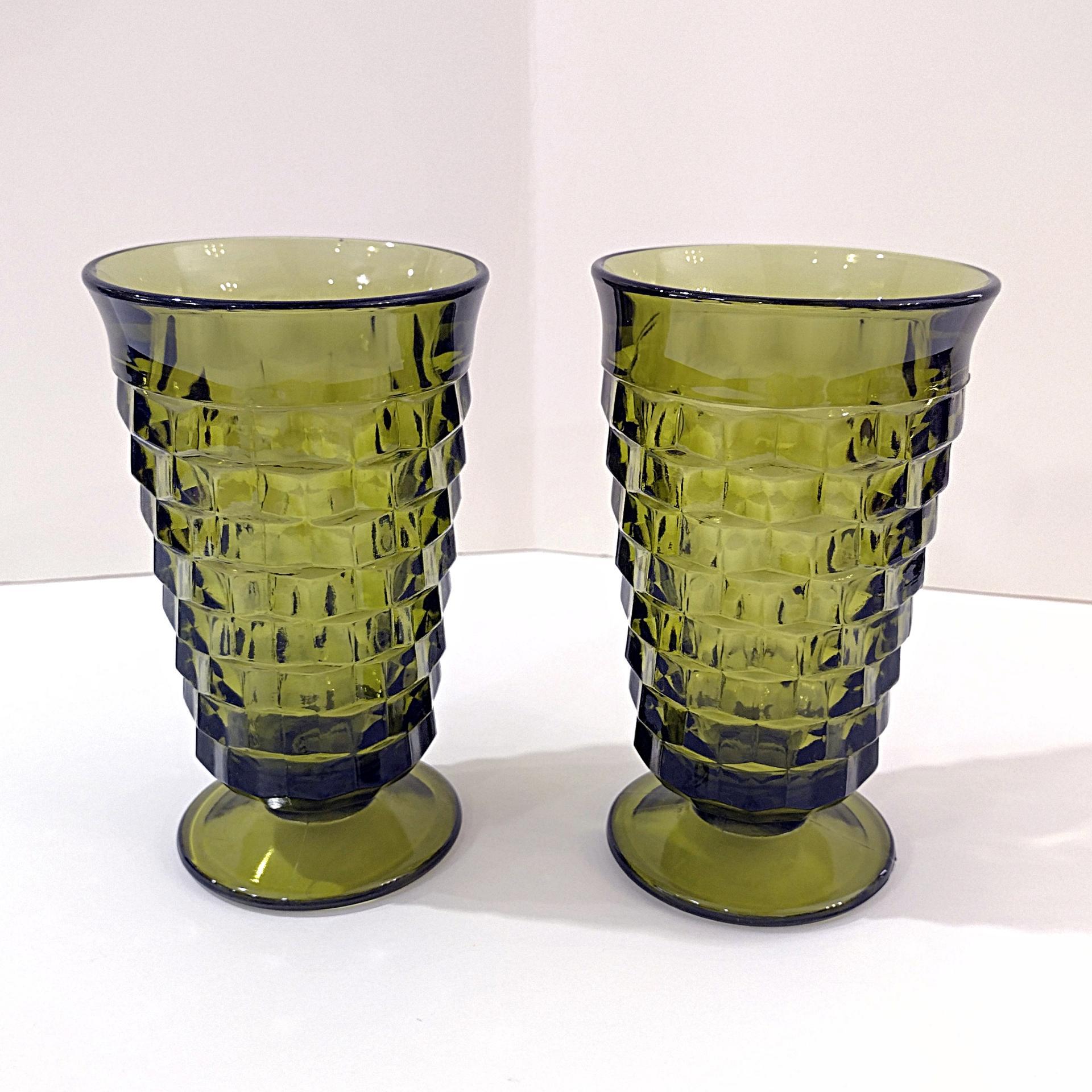 Vintage Colony Whitehall Avocado Green Footed Iced Tea Glasses, Set of 2, Indiana Glass MCM Glassware
