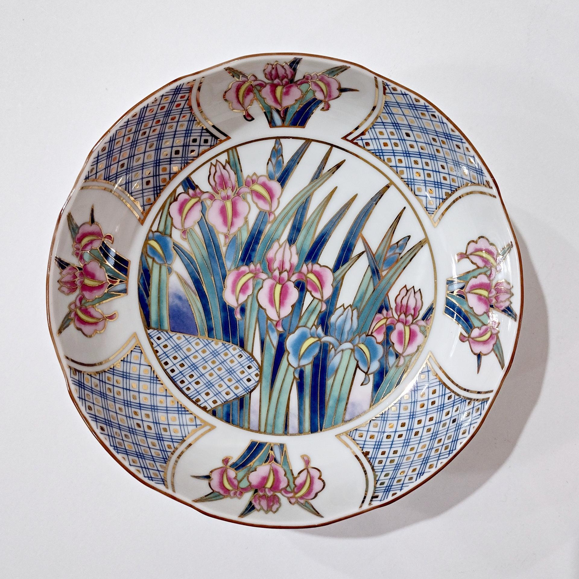 Vintage Japanese Ayame 6 Inch Porcelain Bowl with Pink, Blue, and Gold Iris Floral Design