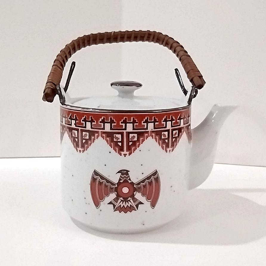 Vintage Southwestern Aztec Ceramic Teapot with Wicker Wrapped Wire Handle