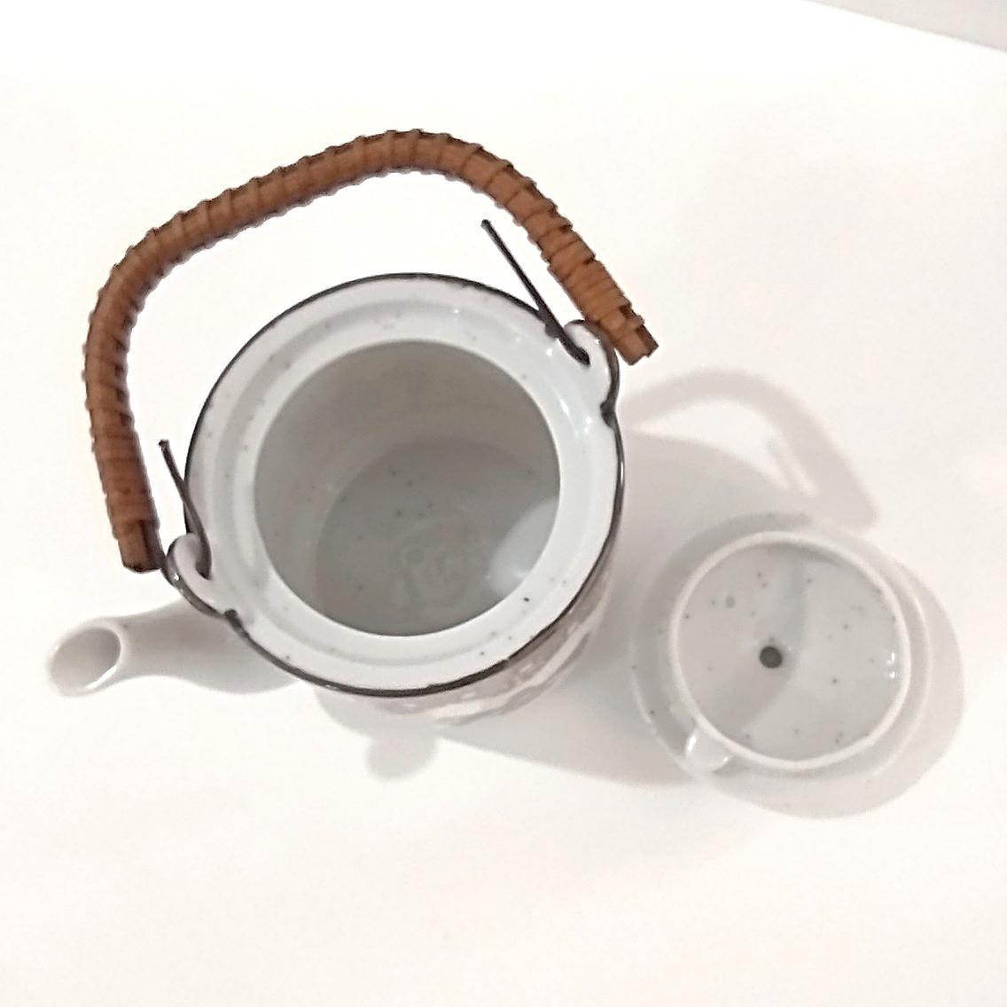 Vintage Southwestern Aztec Ceramic Teapot with Wicker Wrapped Wire Handle