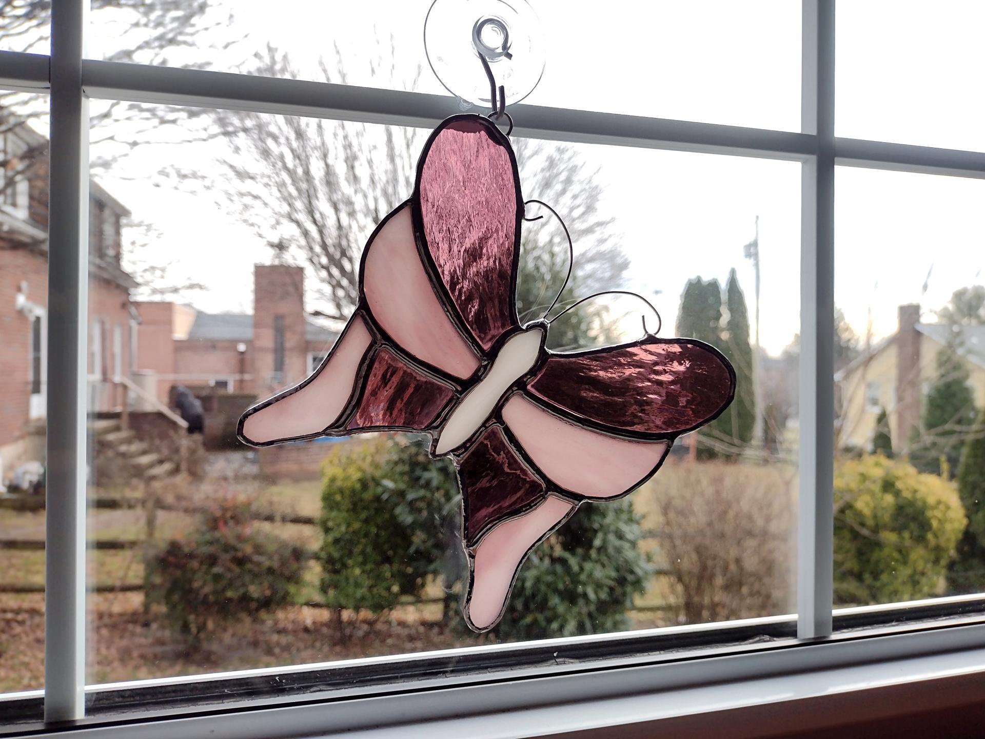 Stained Glass Butterfly Suncatcher, Pink Cathedral and Opalescent Art Glass, Custom Colors Available