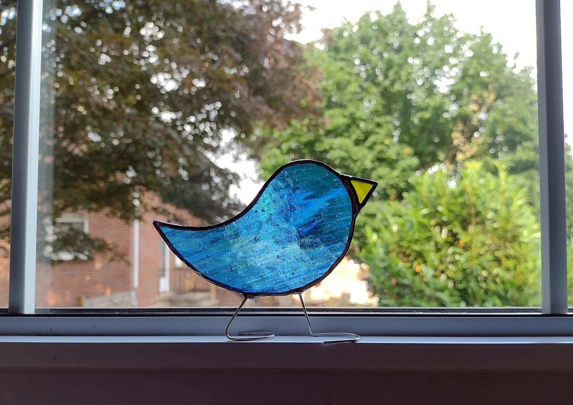 Stained Glass Standing Bird, Blue and White Wispy