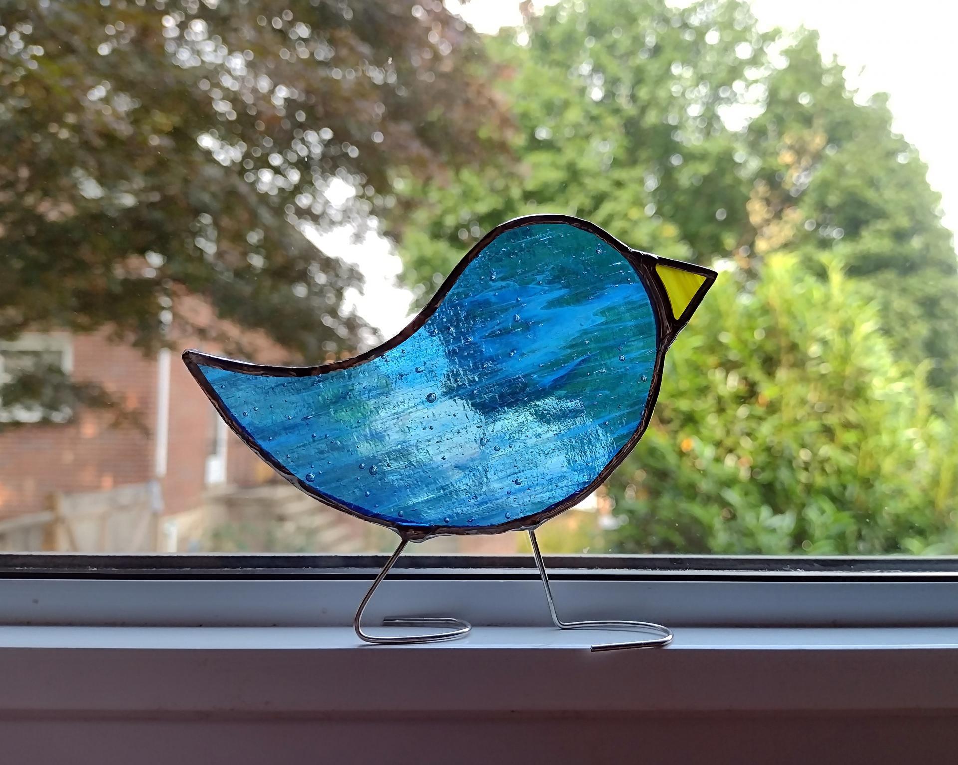 Stained Glass Standing Bird, Blue and White Wispy