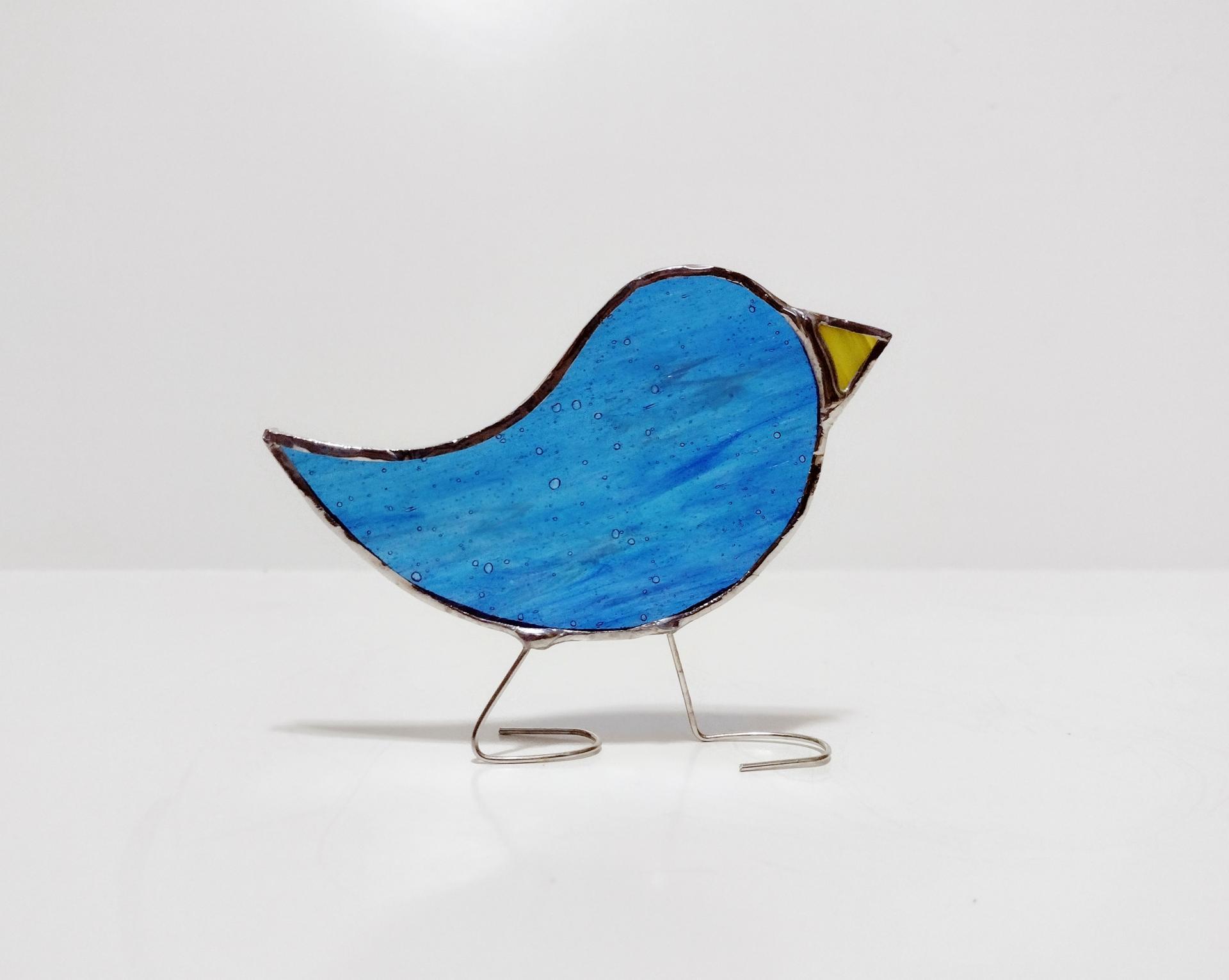 Stained Glass Standing Bird, Blue and White Wispy