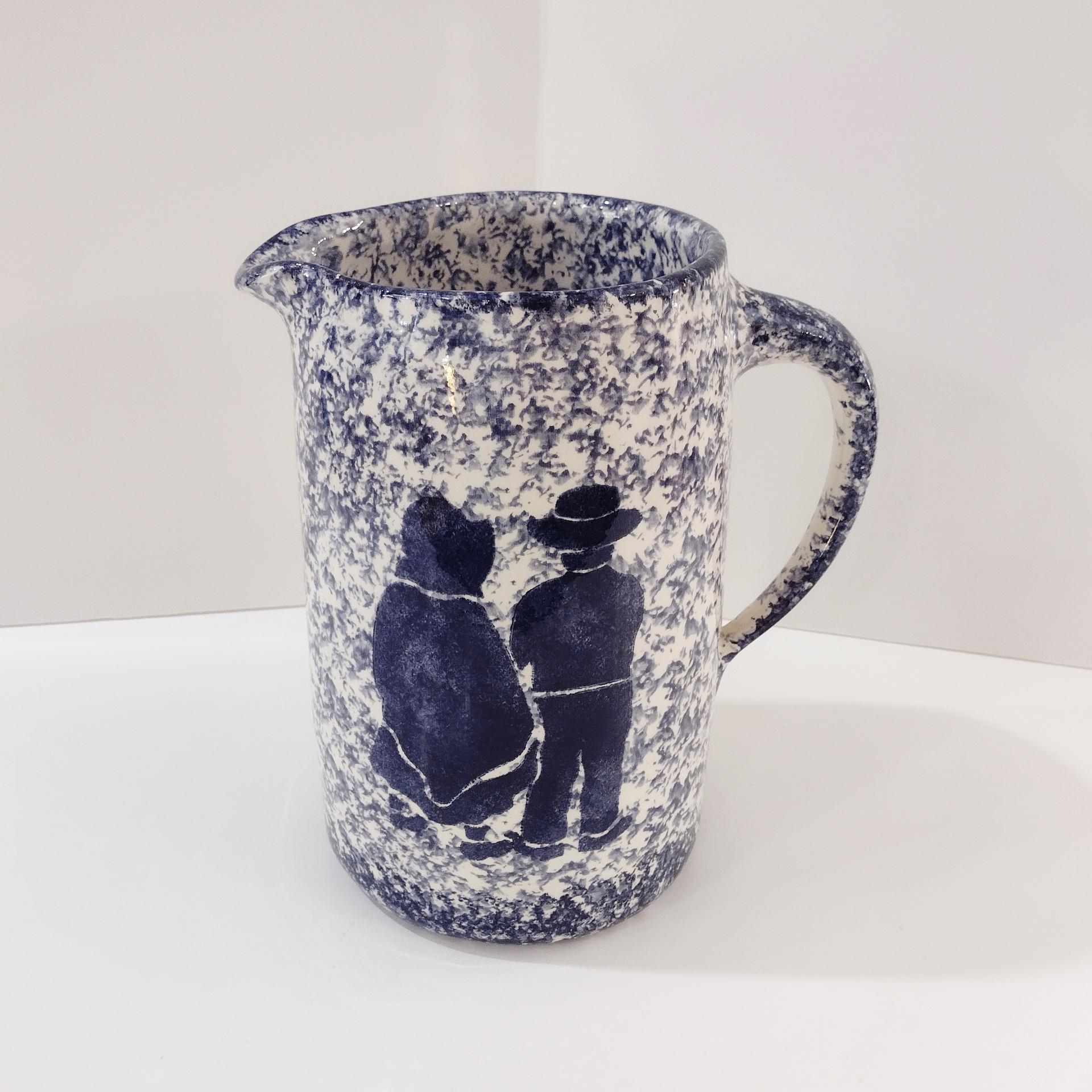 Vintage Large Blue and White Spongeware Ceramic Pitcher with Amish Couple Silhouette Design, Flower Vase