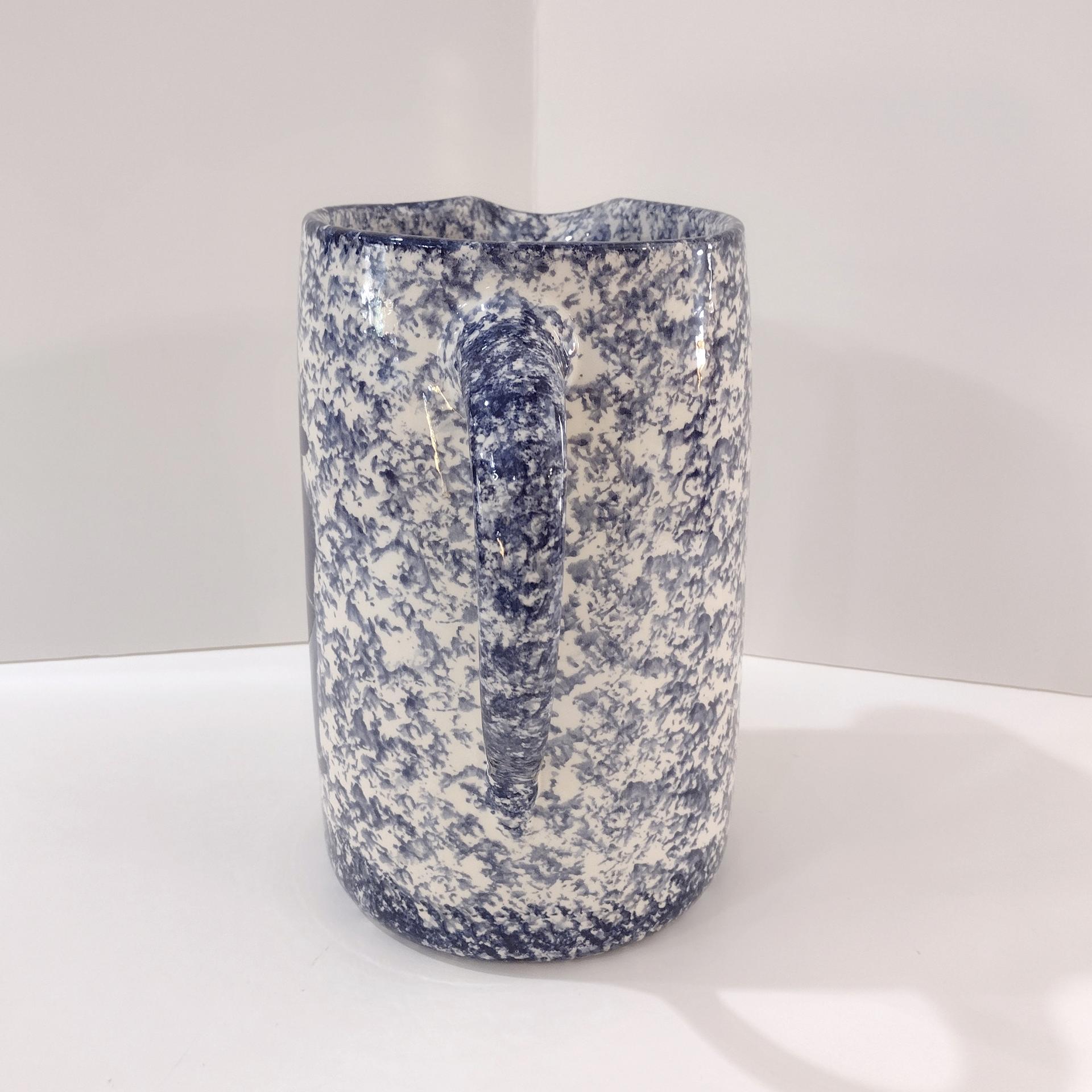 Vintage Large Blue and White Spongeware Ceramic Pitcher with Amish Couple Silhouette Design, Flower Vase