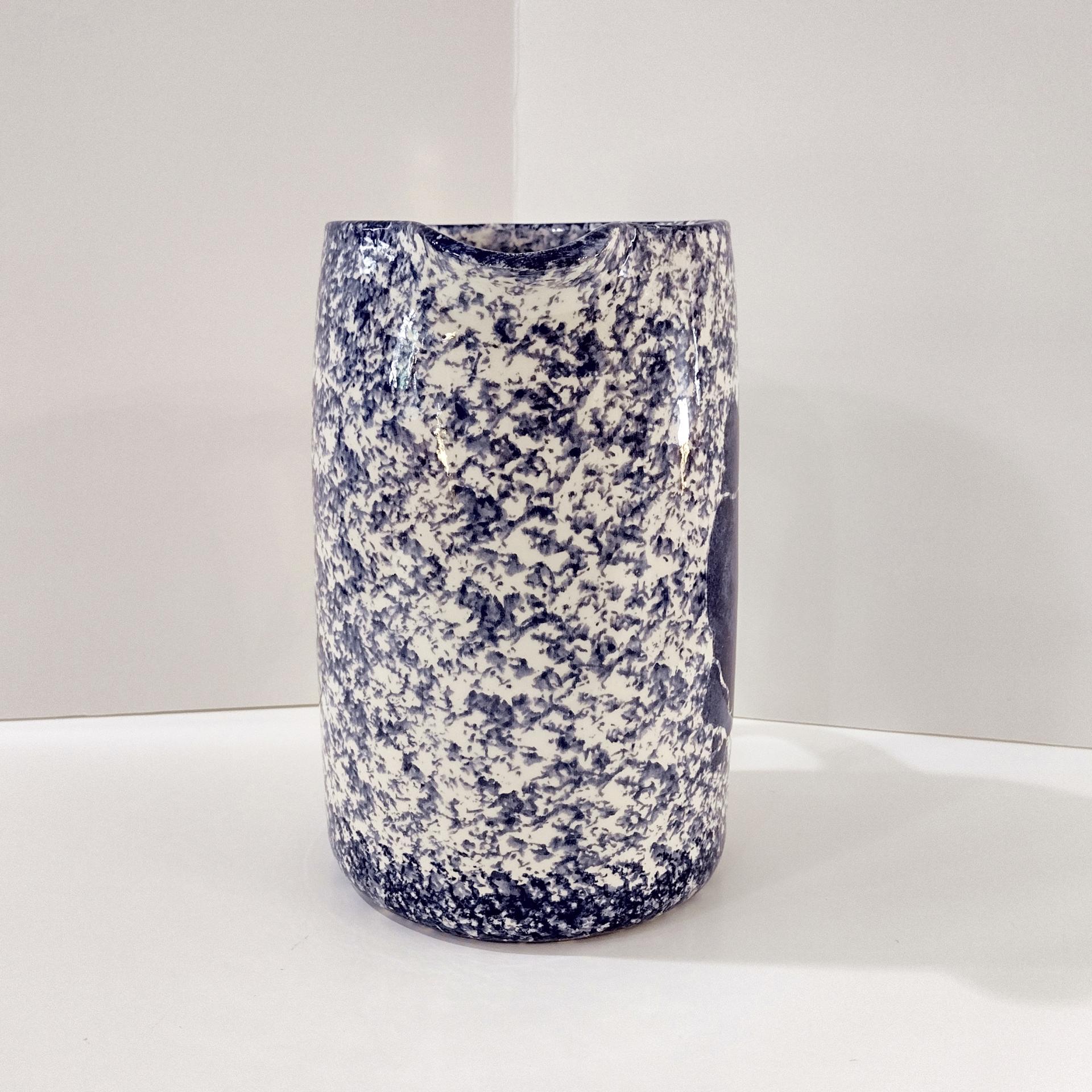 Vintage Large Blue and White Spongeware Ceramic Pitcher with Amish Couple Silhouette Design, Flower Vase