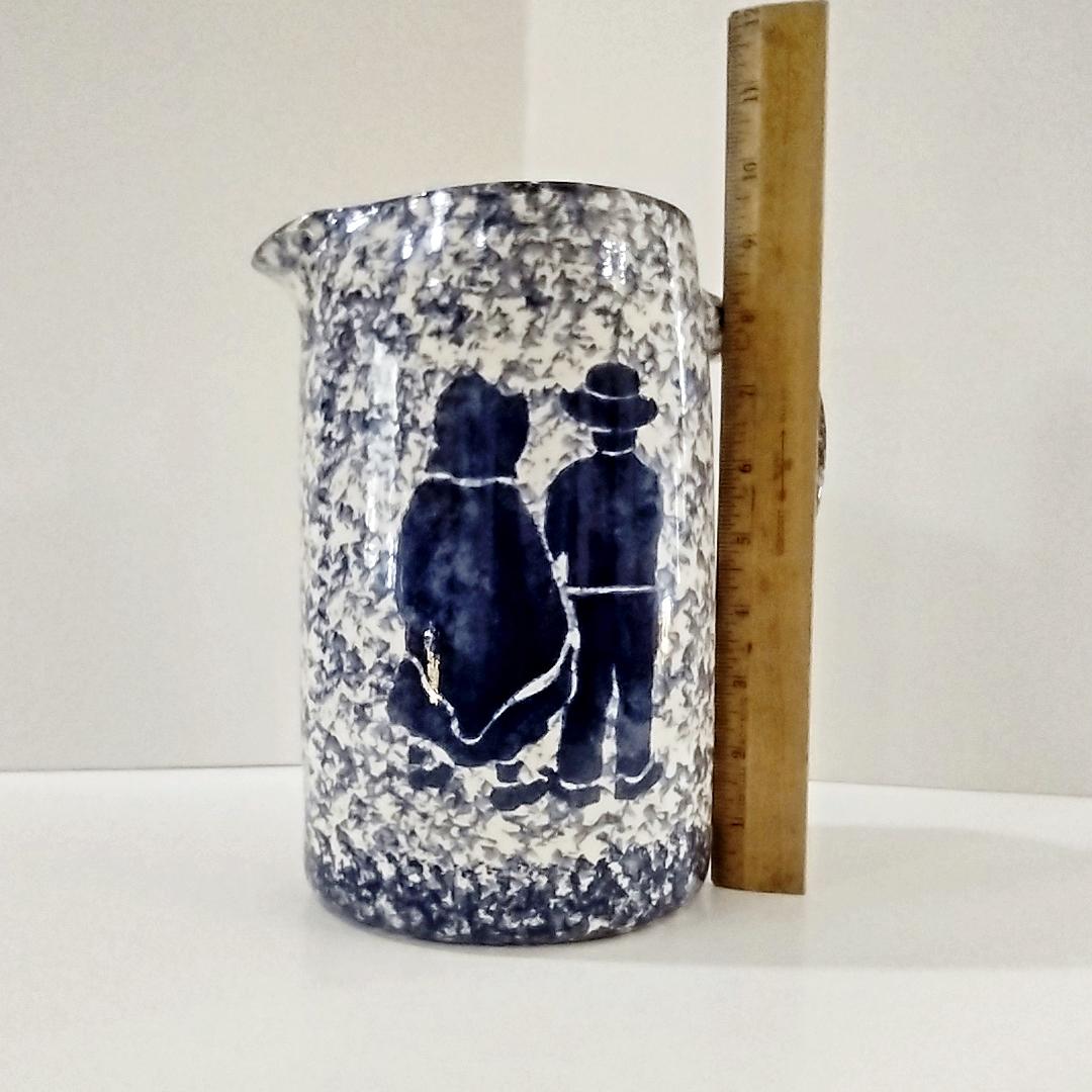Vintage Large Blue and White Spongeware Ceramic Pitcher with Amish Couple Silhouette Design, Flower Vase