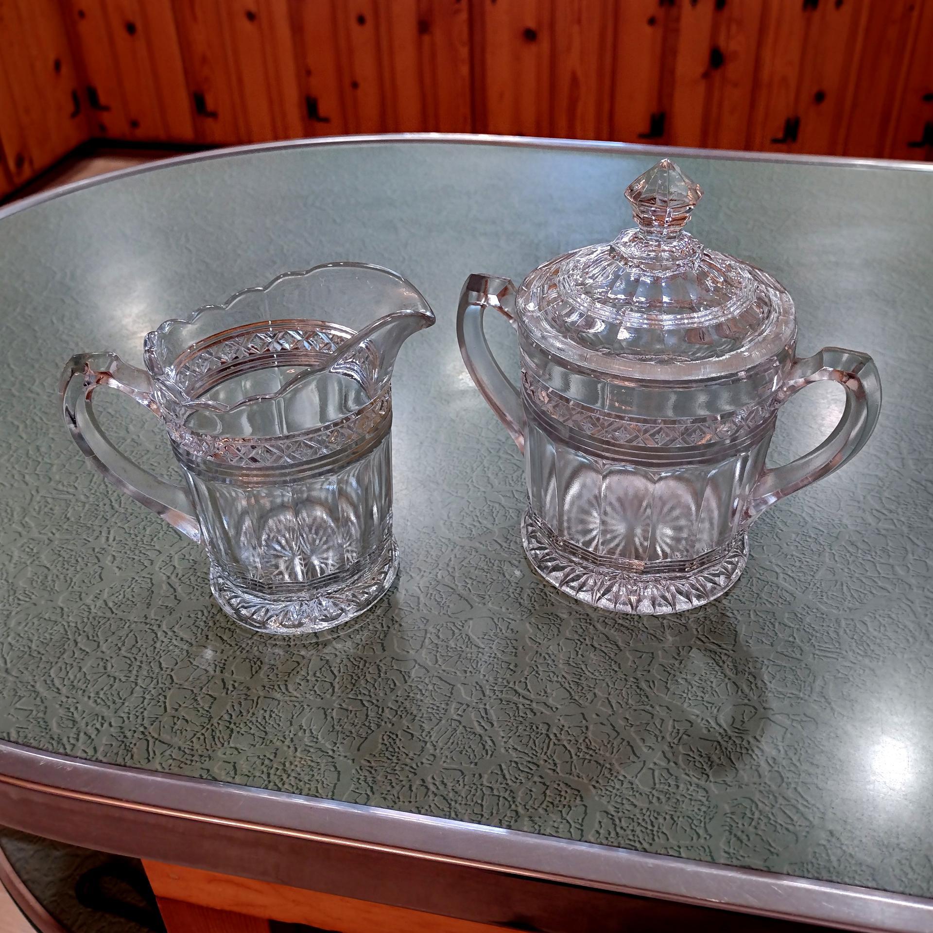Antique Indiana Glass Covered Sugar Bowl and Creamer Set, Star Band Pattern