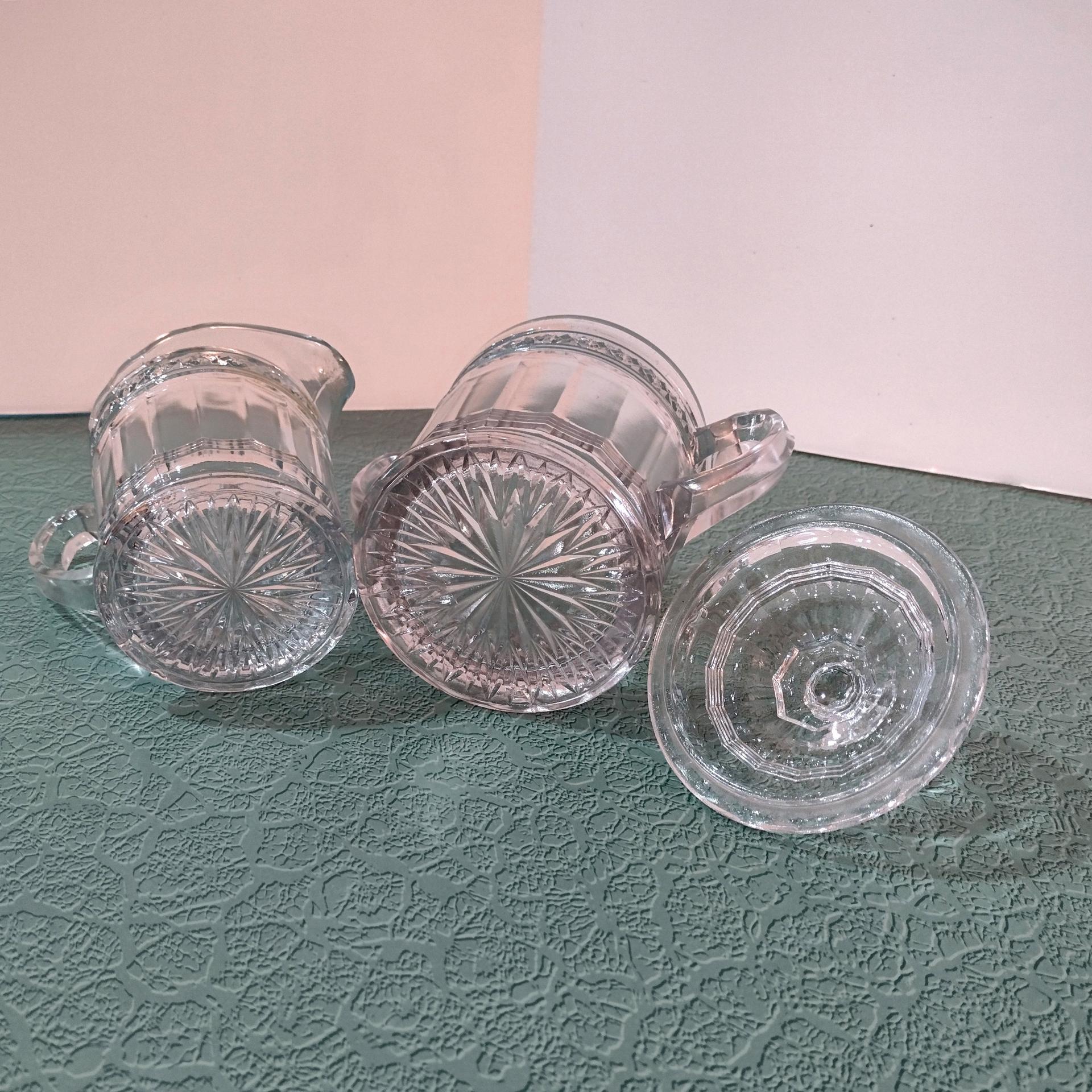 Antique Indiana Glass Covered Sugar Bowl and Creamer Set, Star Band Pattern