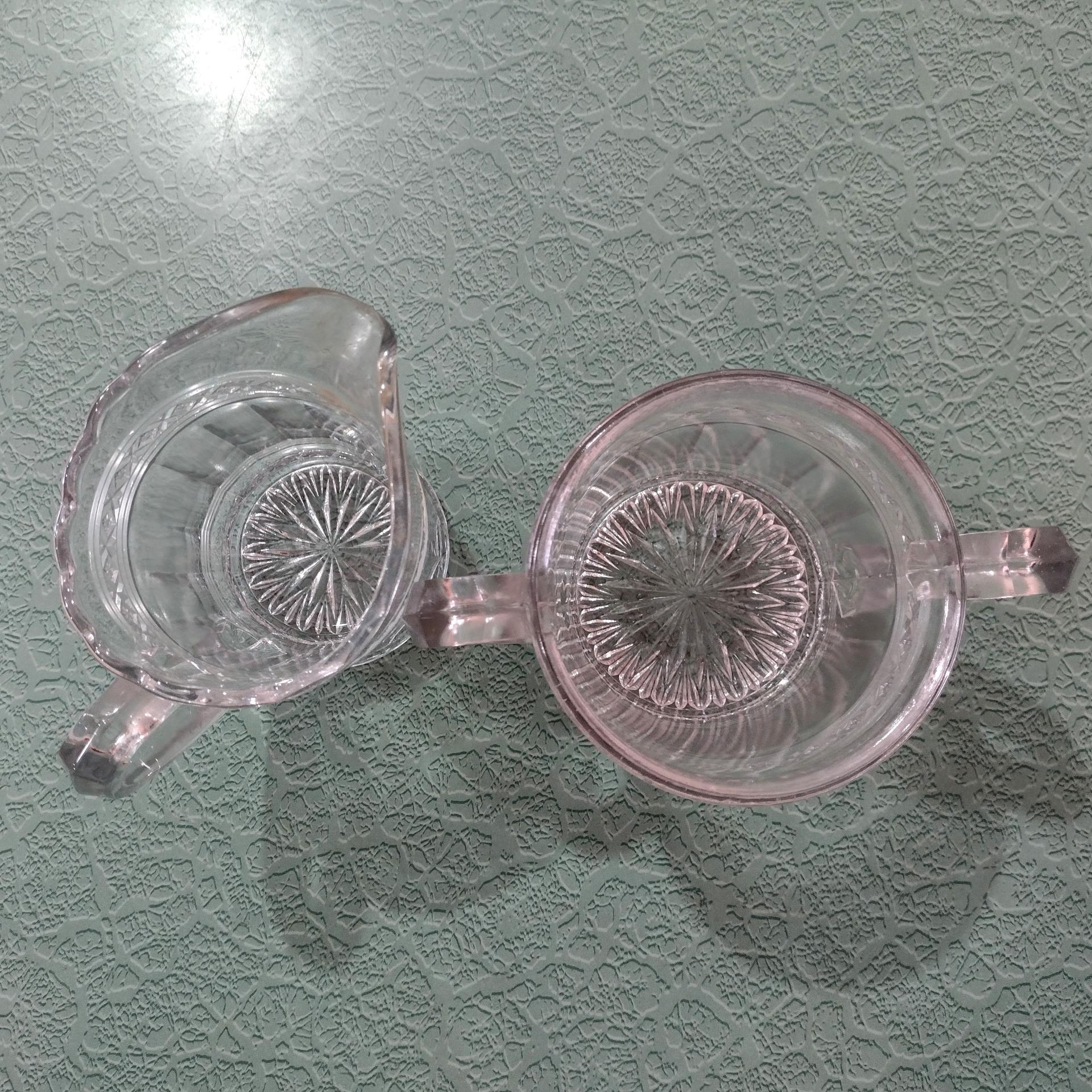 Antique Indiana Glass Covered Sugar Bowl and Creamer Set, Star Band Pattern