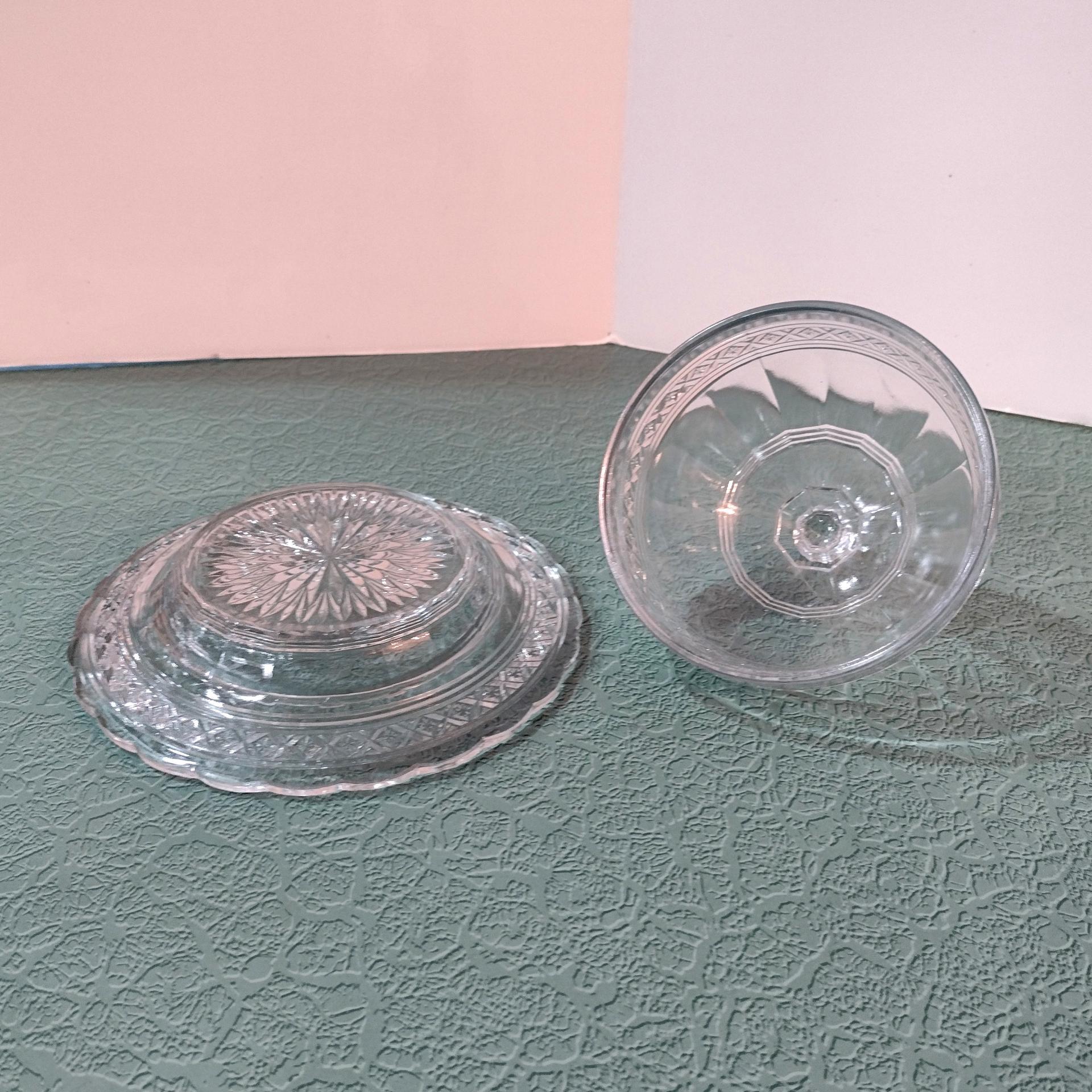Antique Indiana Glass Round Covered Butter Dish, Star Band Pattern, EAPG Glassware