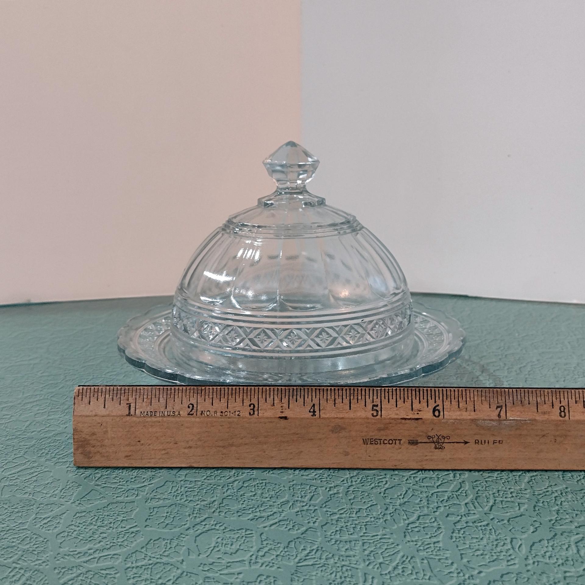 Antique Indiana Glass Round Covered Butter Dish, Star Band Pattern, EAPG Glassware